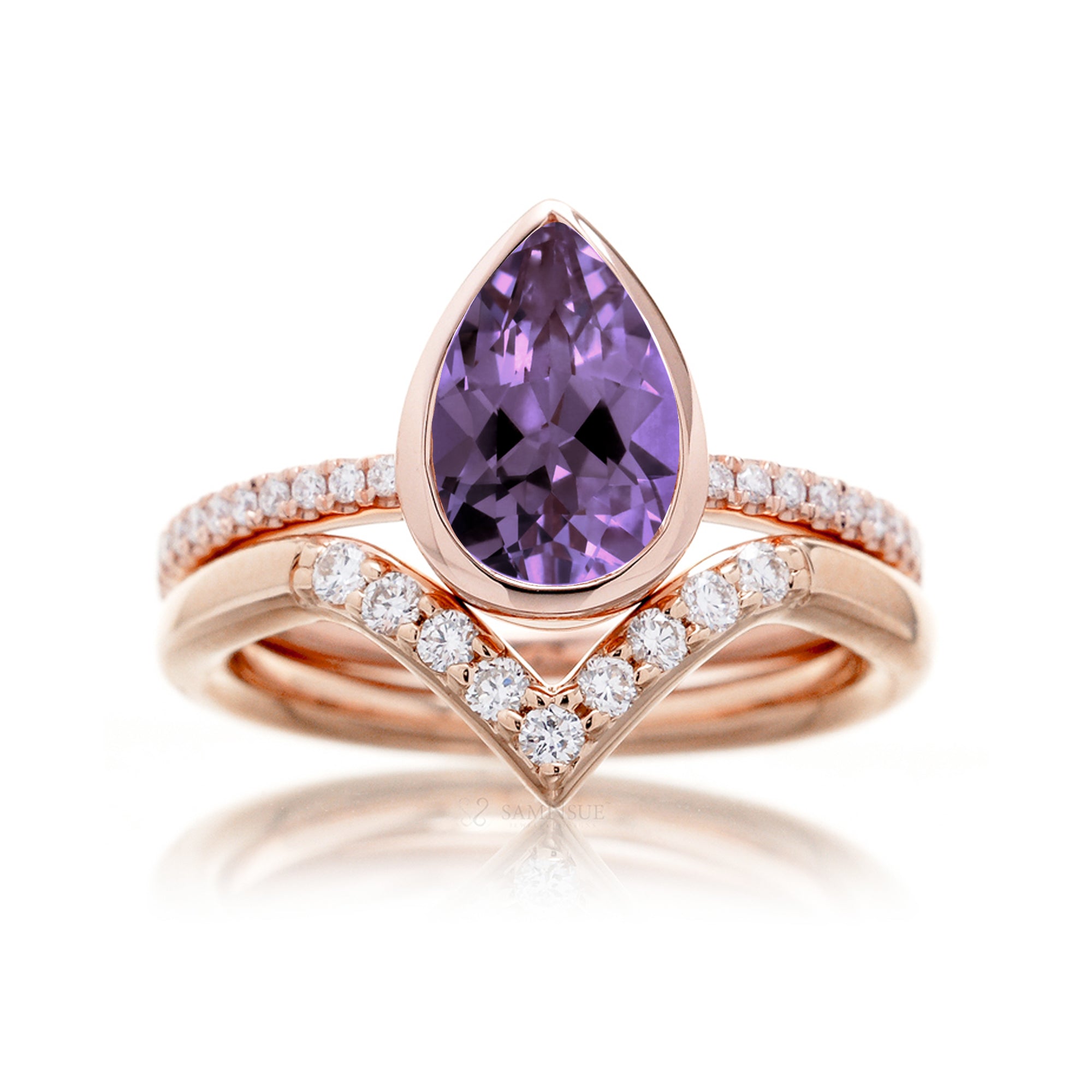 Pear purple amethyst solitaire bezel engagement ring The beverly rose gold