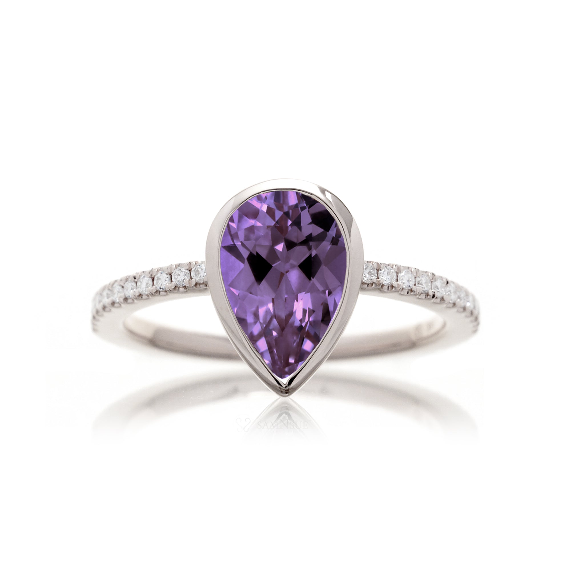 Pear purple amethyst solitaire bezel engagement ring The beverly white gold