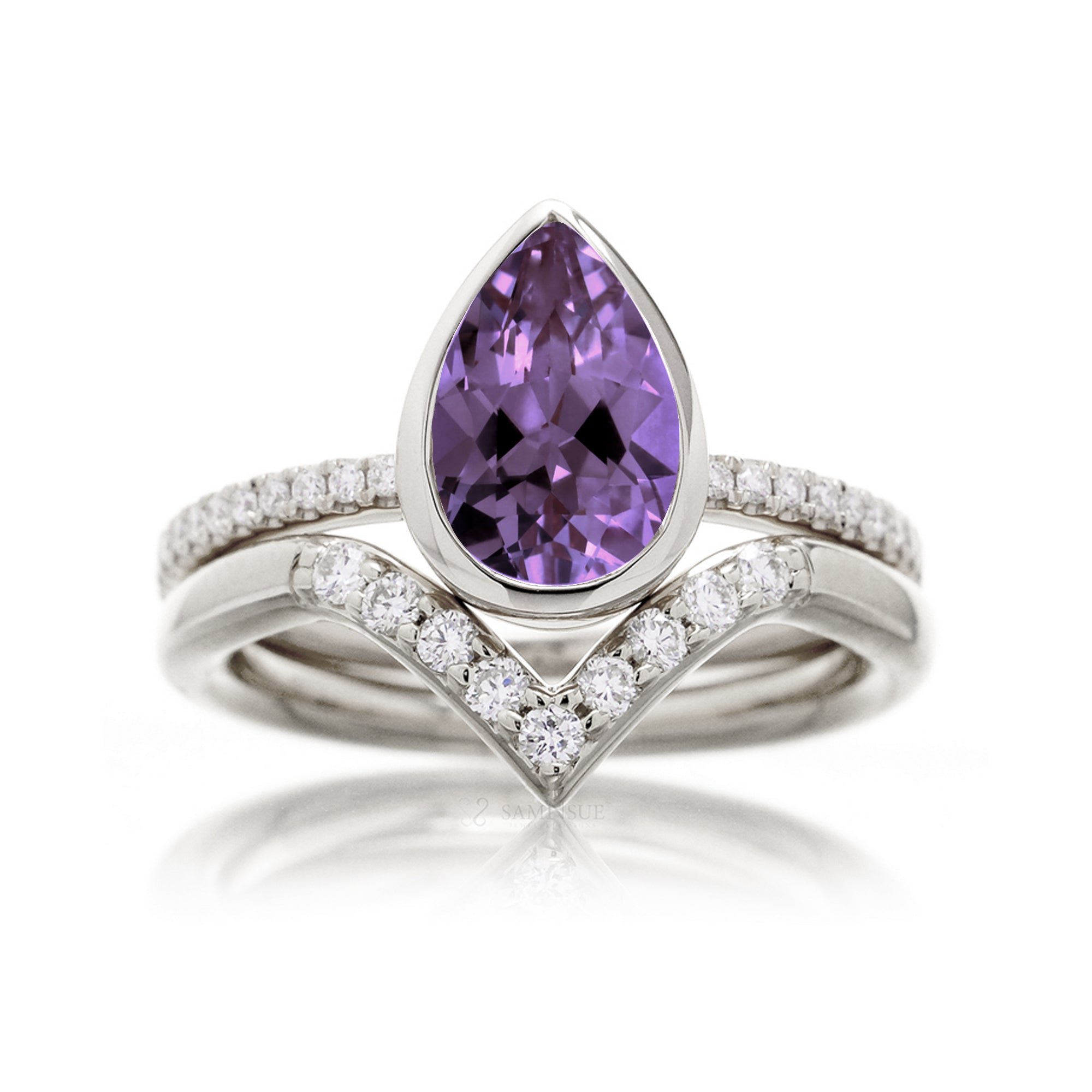 Pear purple amethyst solitaire bezel engagement ring The beverly white gold