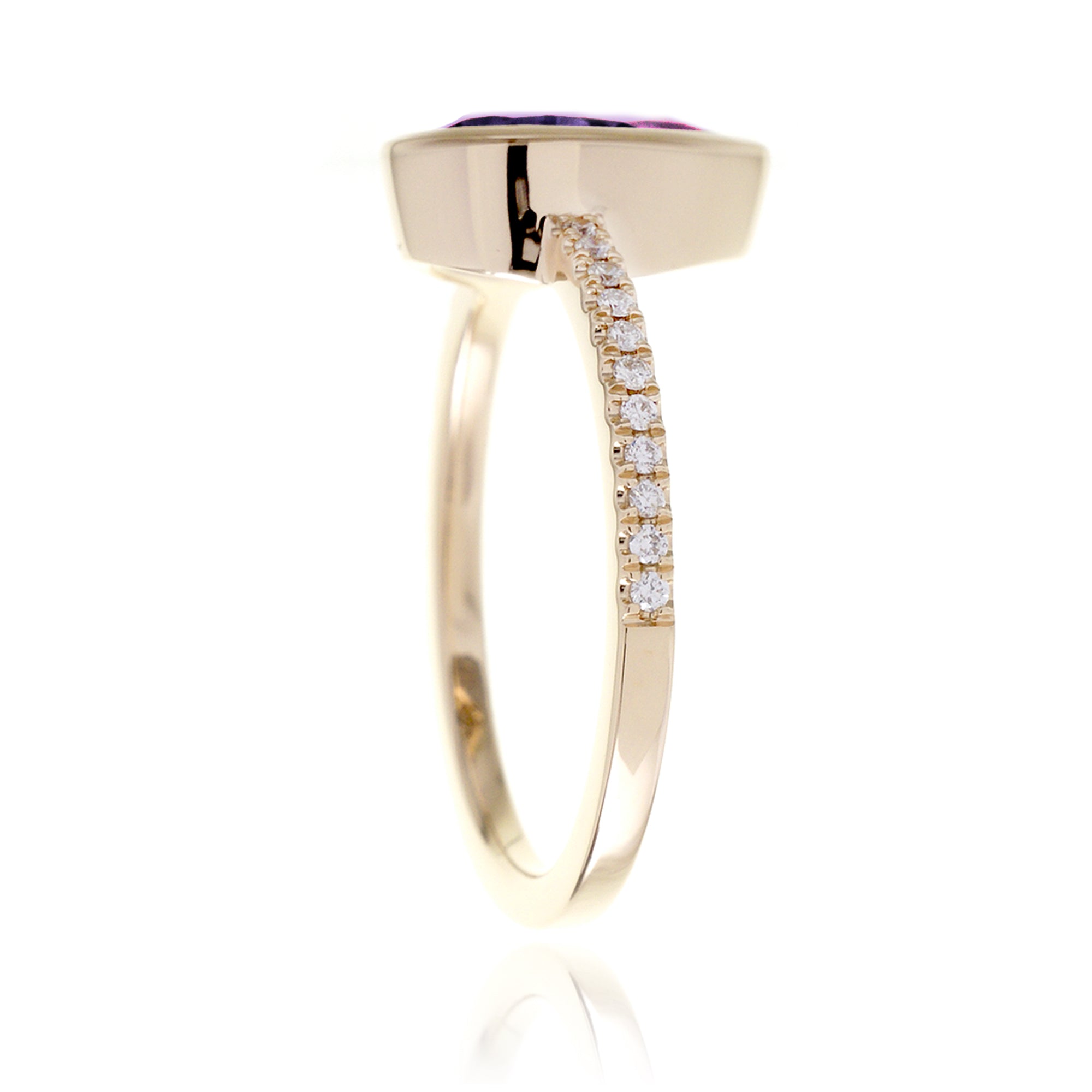 Pear purple amethyst solitaire bezel engagement ring The beverly yellow gold