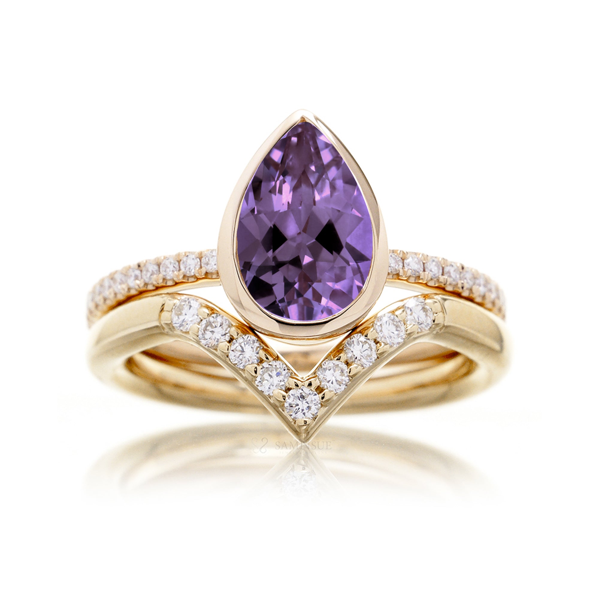 Pear purple amethyst solitaire bezel engagement ring The beverly yellow gold