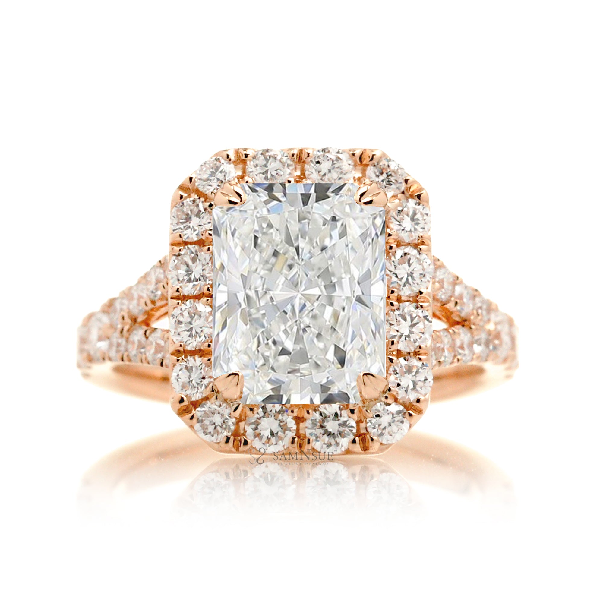 Radiant-Cut Lab Diamond Halo Engagement Ring with Split Band – The Meghan in Rose Gold