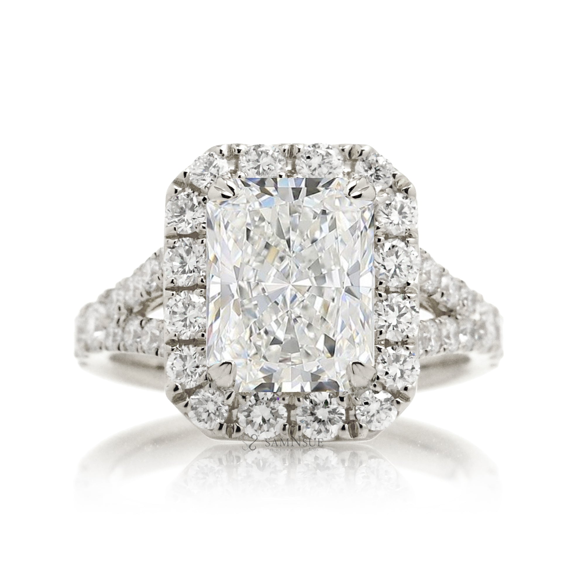 Radiant-Cut Lab Diamond Halo Engagement Ring with Split Band – The Meghan in White Gold
