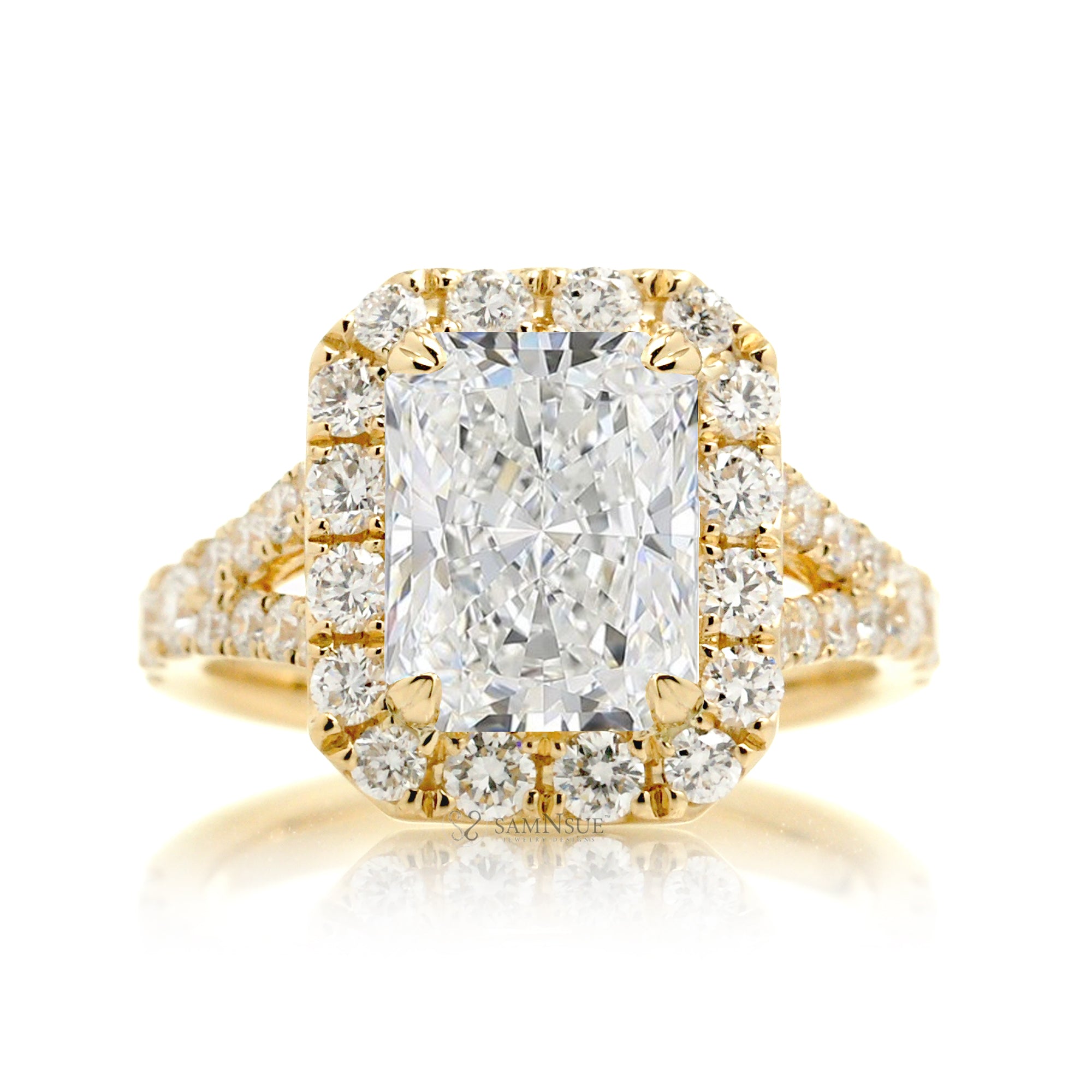 Radiant-Cut Lab Diamond Halo Engagement Ring with Split Band – The Meghan in Yellow Gold
