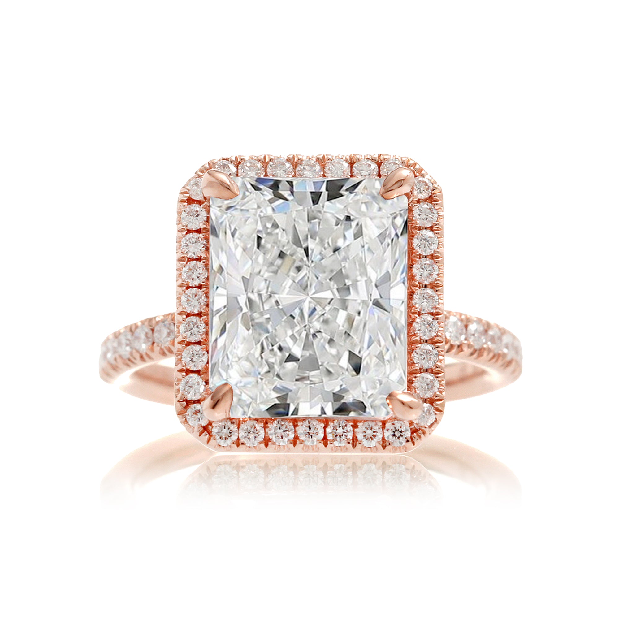 Radiant cut engagement ring with diamond halo and band the Drenched rose gold