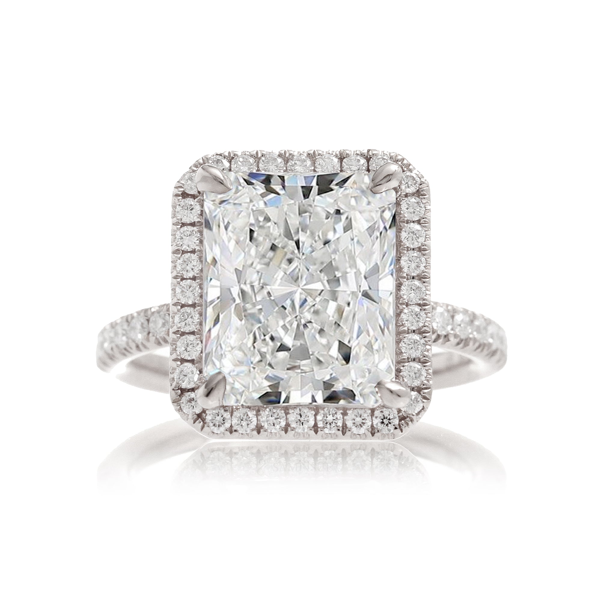 Radiant cut engagement ring with diamond halo and band the Drenched white gold