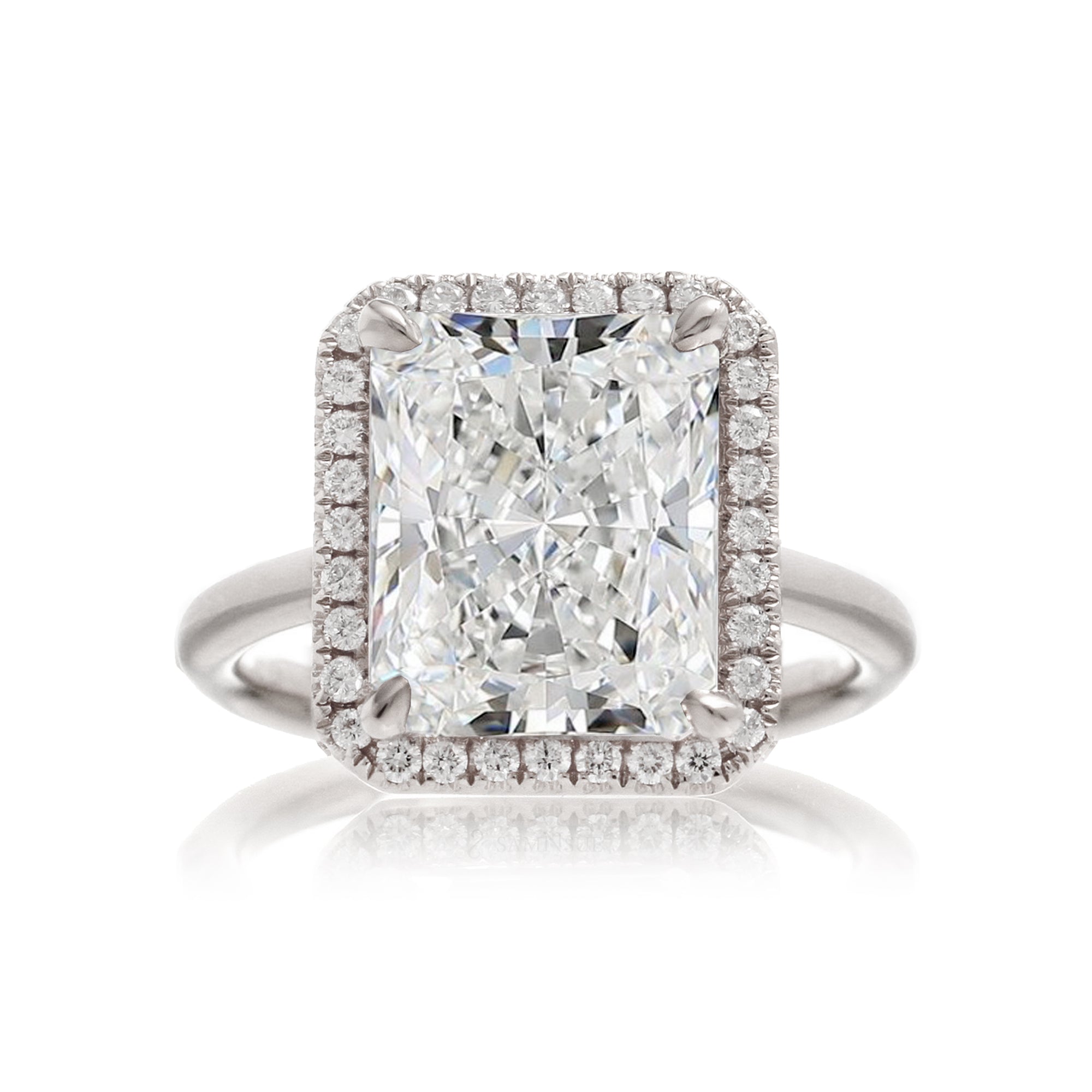 Radiant cut engagement ring with diamond halo and band the Drenched white gold solid band