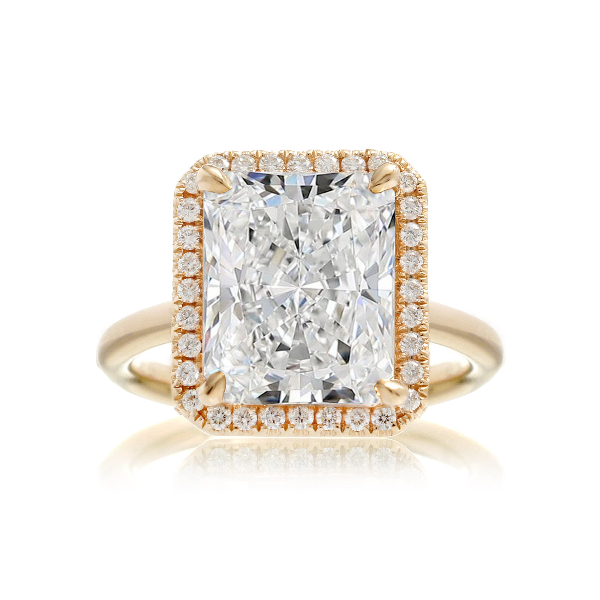 Radiant cut engagement ring with diamond halo and band the Drenched yellow gold solid band
