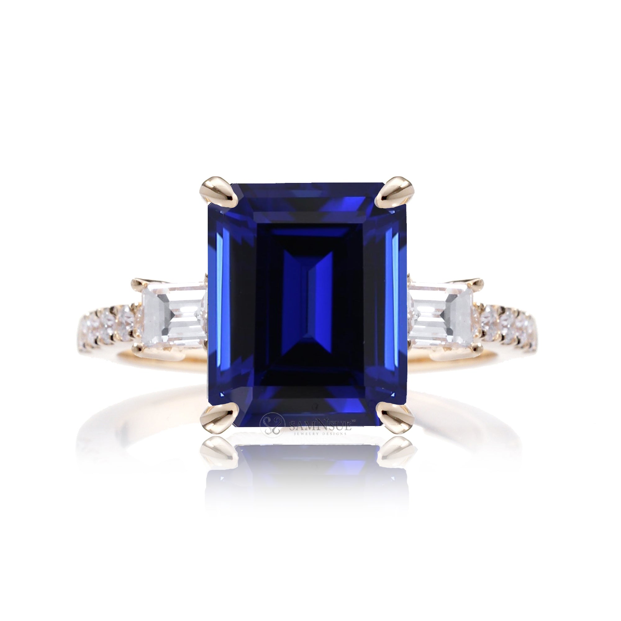 Emerald Cut Blue Sapphire Engagement Ring with Diamond Accents – The Rey in Yellow Gold