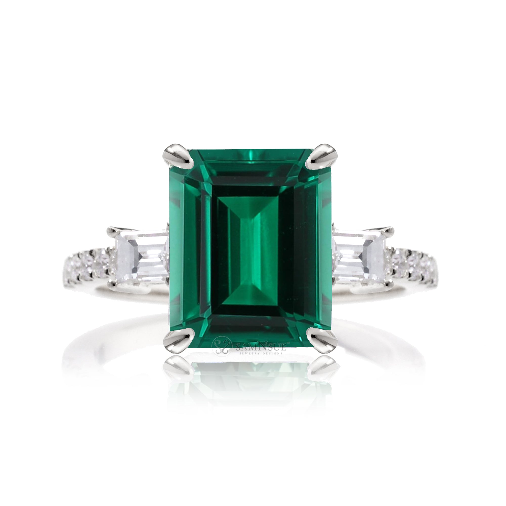 Step cut Emerald Engagement Ring with Diamond Accents – The Rey in White Gold Or Platinum