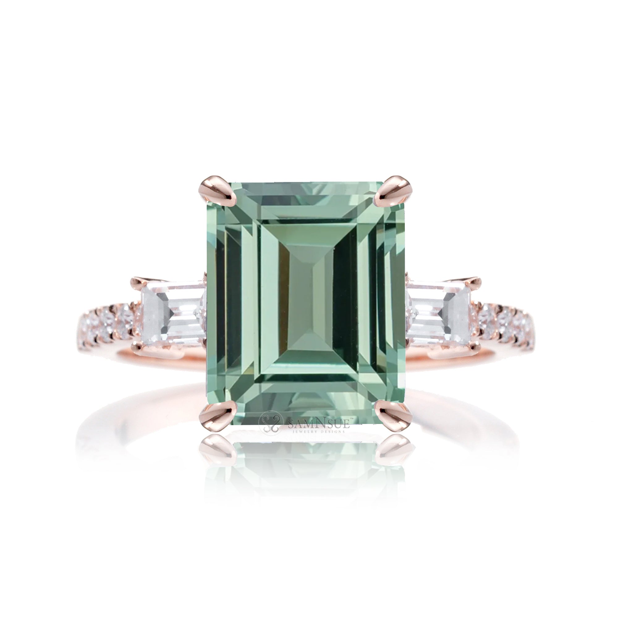 Green Sapphire Emerald Cut Ring with Baguette Diamonds – Elegant Custom Jewelry Rose Gold