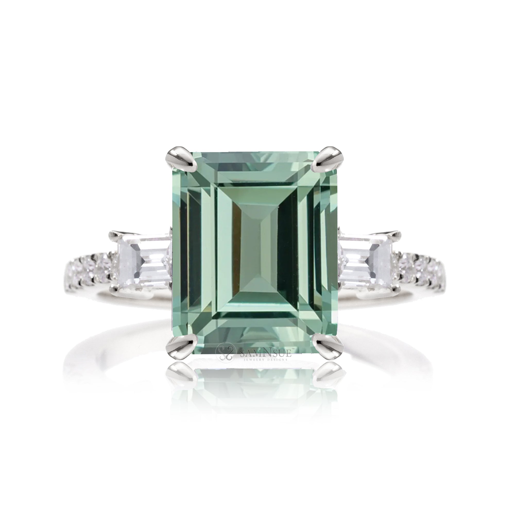 Green Sapphire Emerald Cut Ring with Baguette Diamonds – Elegant Custom Jewelry White Gold Or Platinum