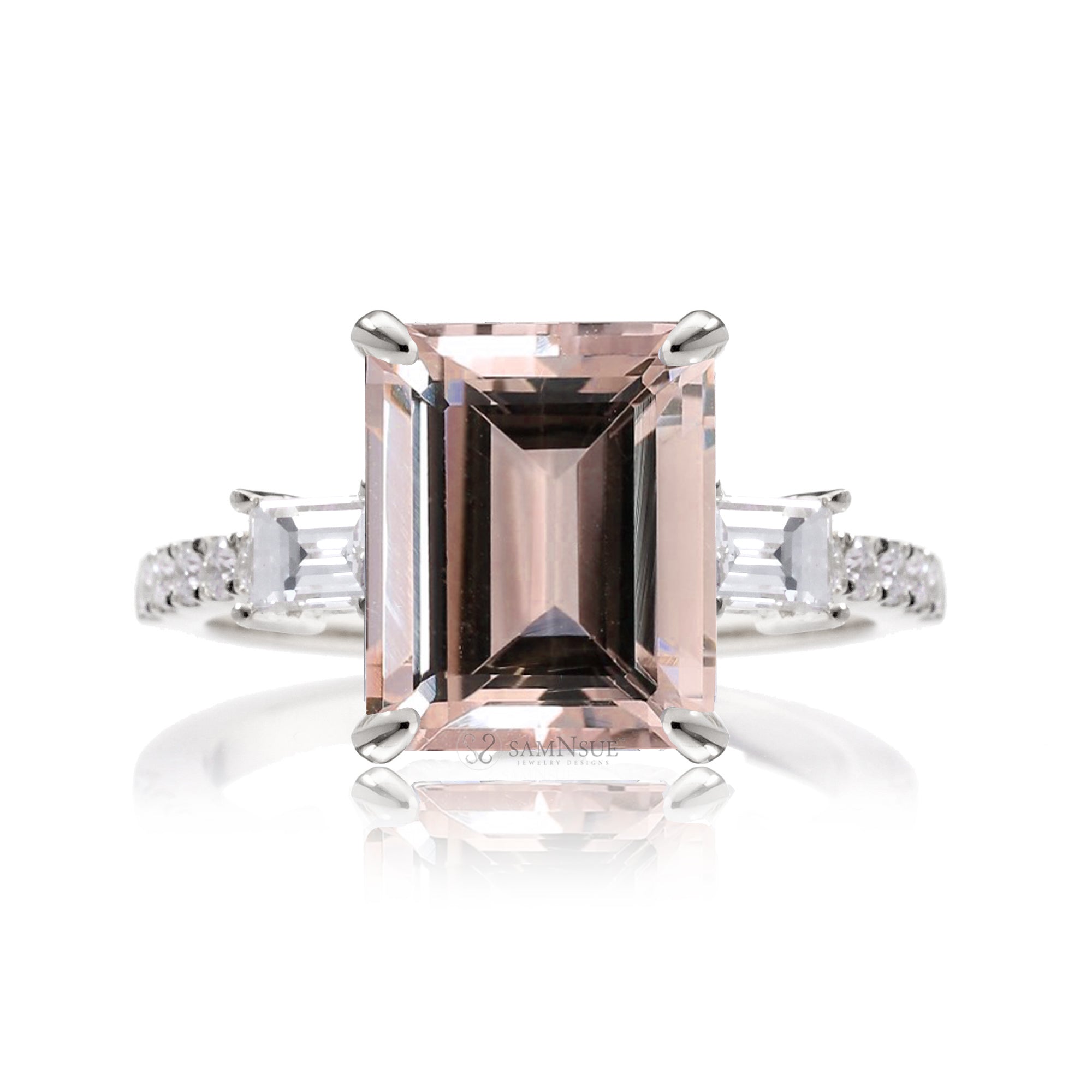 Emerald Step Cut Morganite Engagement Ring with Diamond Accents – The Rey in White Gold Or Platinum
