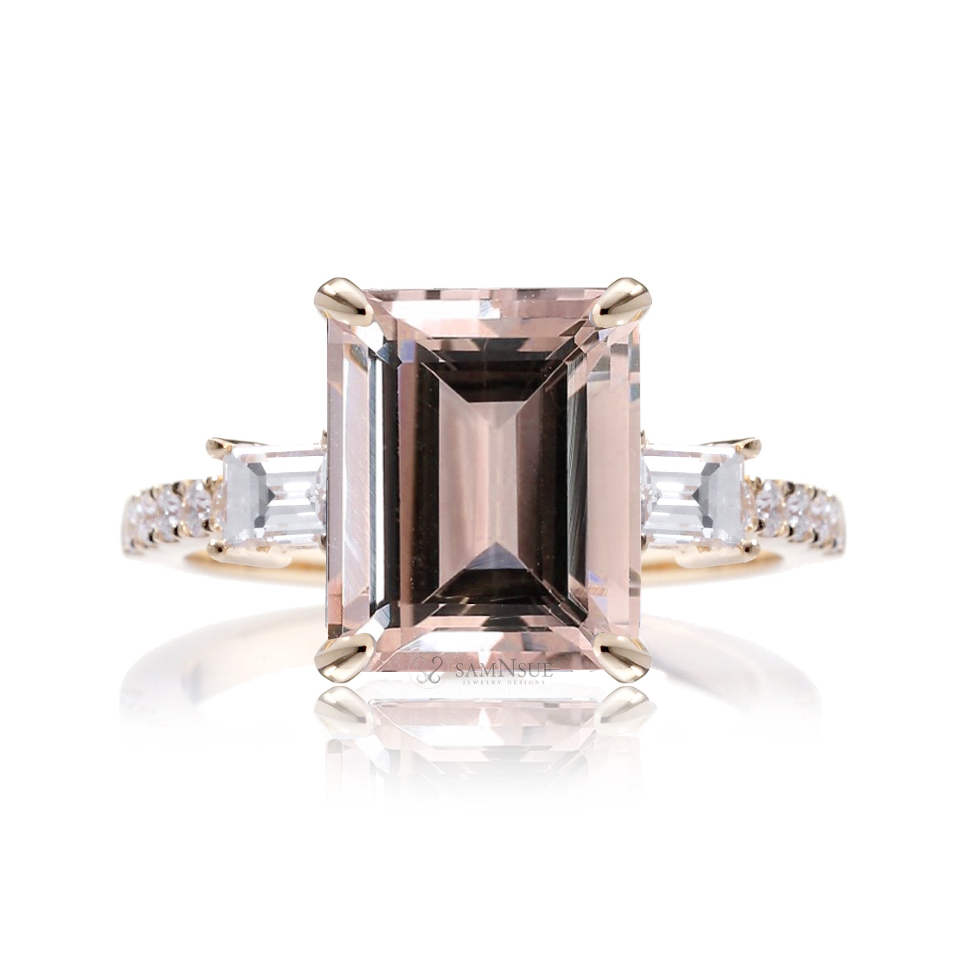 Emerald Step Cut Morganite Engagement Ring with Diamond Accents – The Rey in Yellow Gold