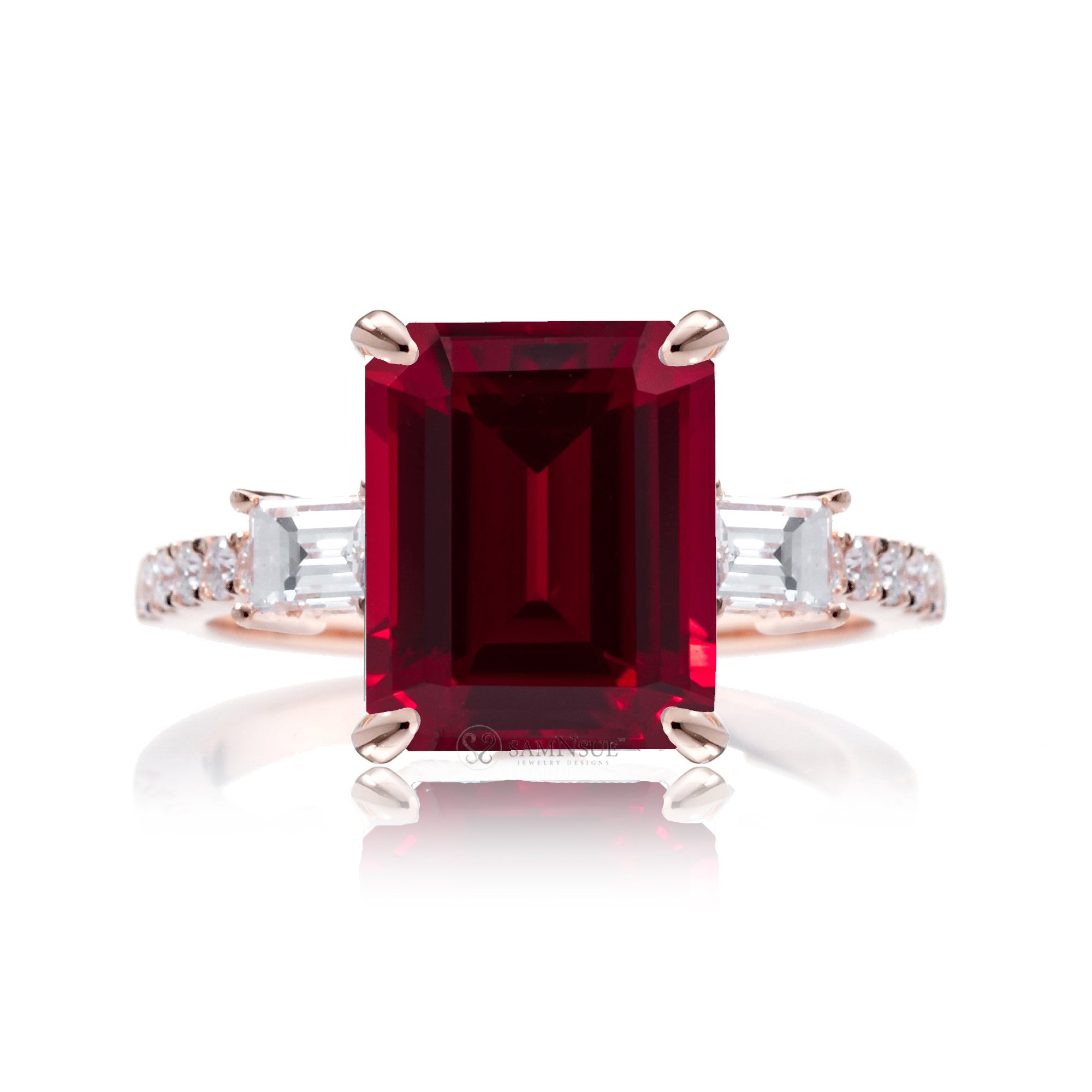 Emerald Step Cut Ruby Engagement Ring with Diamond Accents – The Rey in Rose Gold