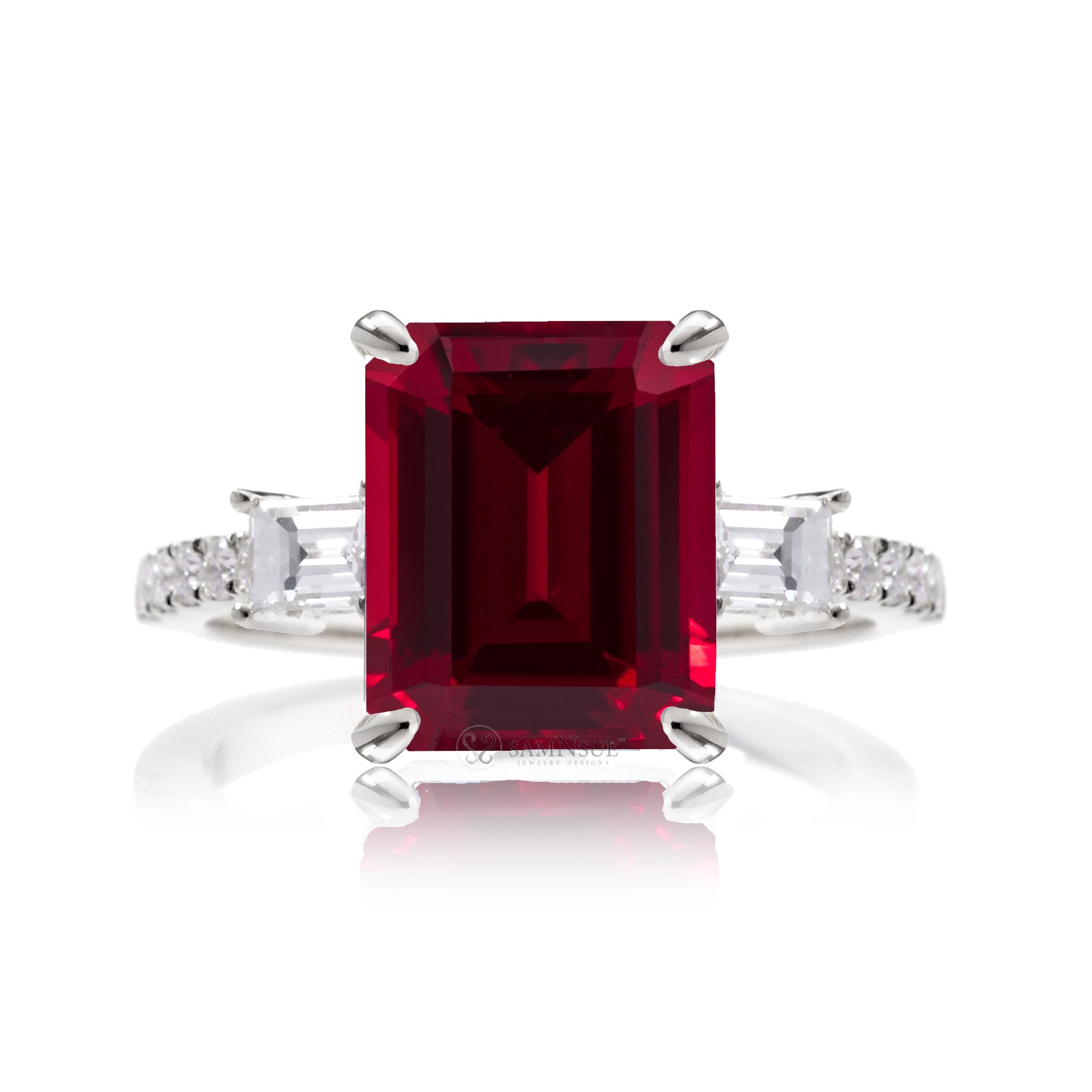 Emerald Step Cut Ruby Engagement Ring with Diamond Accents – The Rey in White Gold Or Platinum