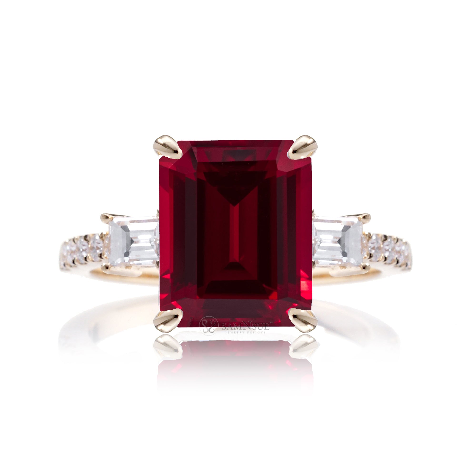Emerald Step Cut Ruby Engagement Ring with Diamond Accents – The Rey in Yellow Gold