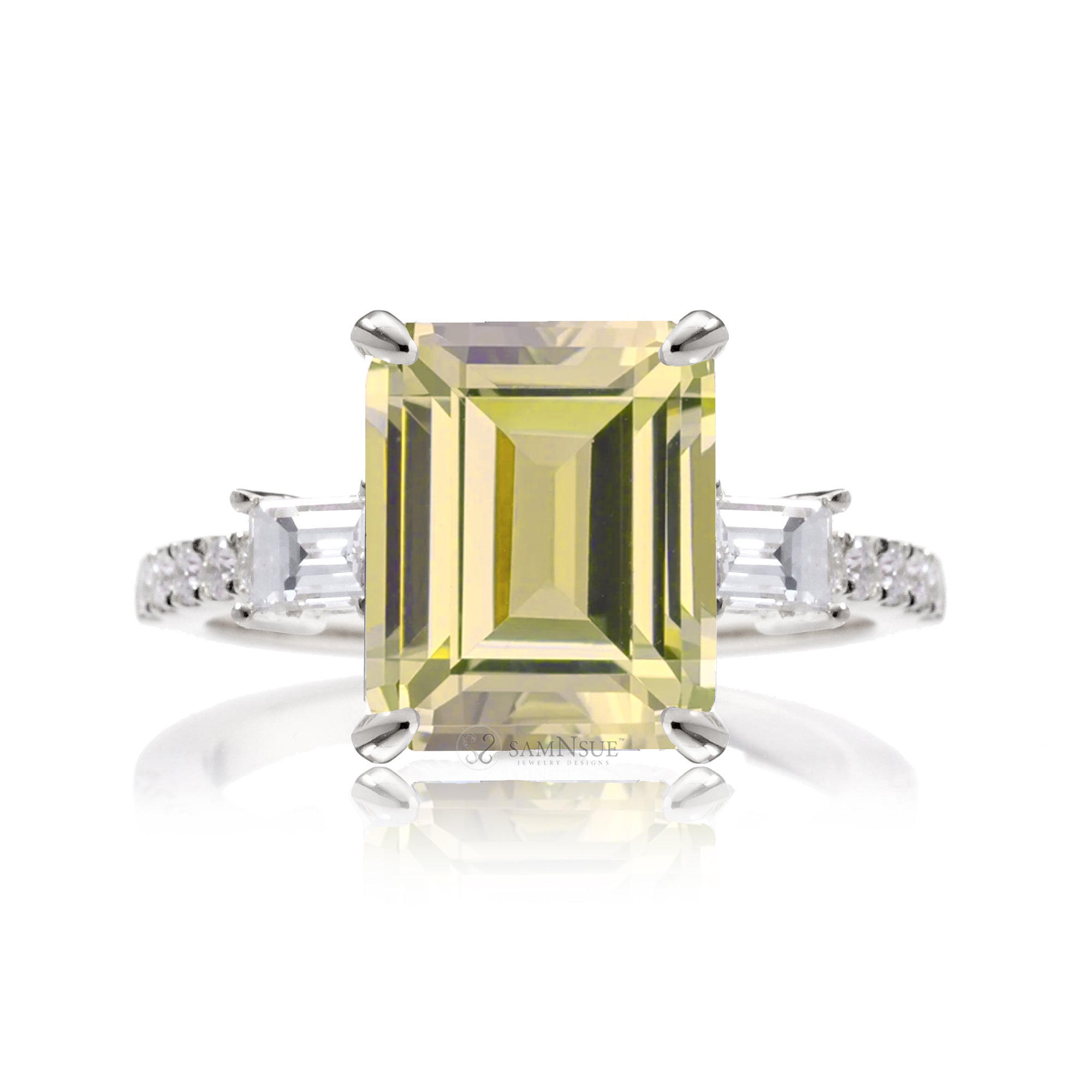 Yellow Sapphire Emerald Cut Ring with Baguette Diamonds – Elegant Custom Jewelry White Gold