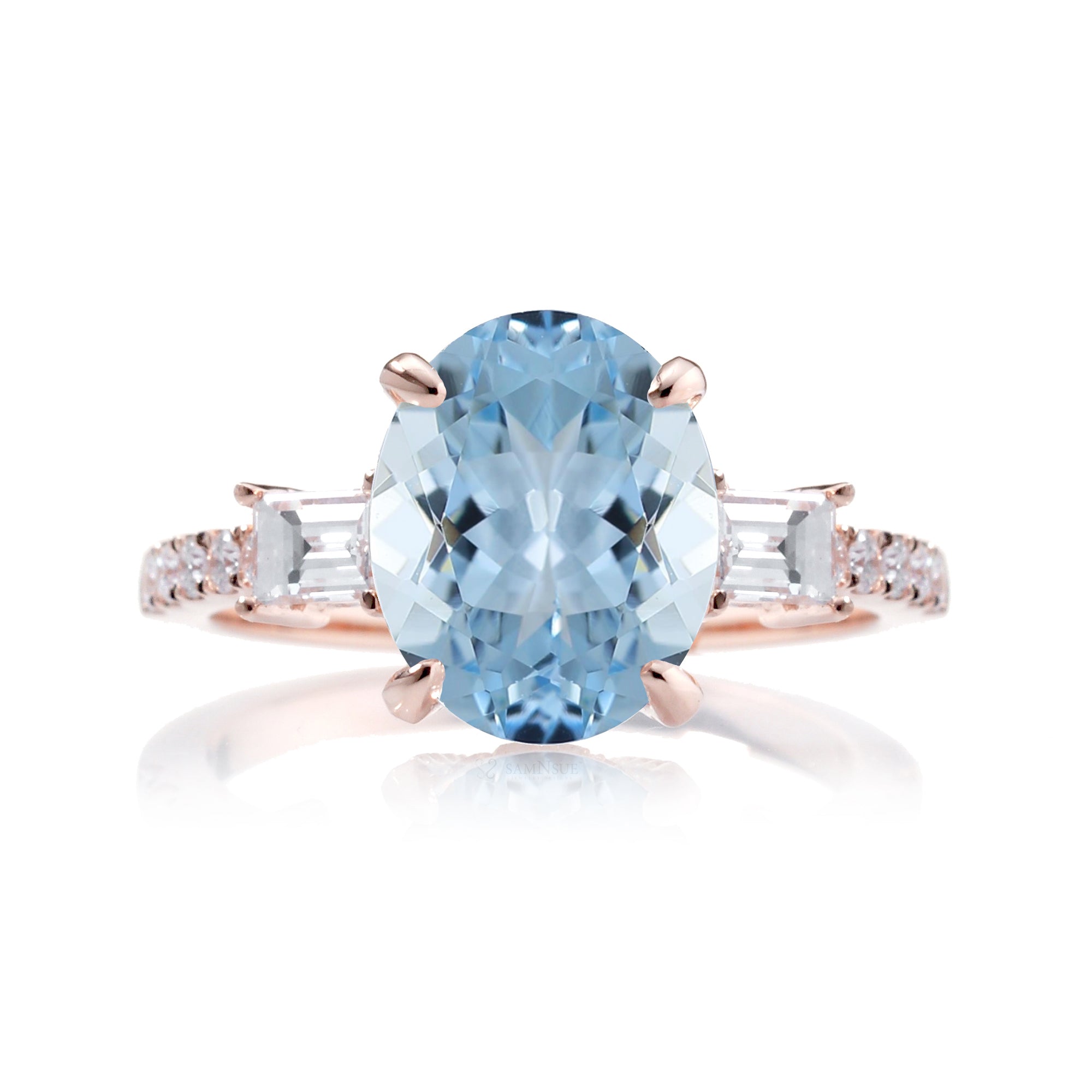 Aquamarine Oval Cut Ring with Baguette Diamonds – Fine Rose Gold Engagement Jewelry