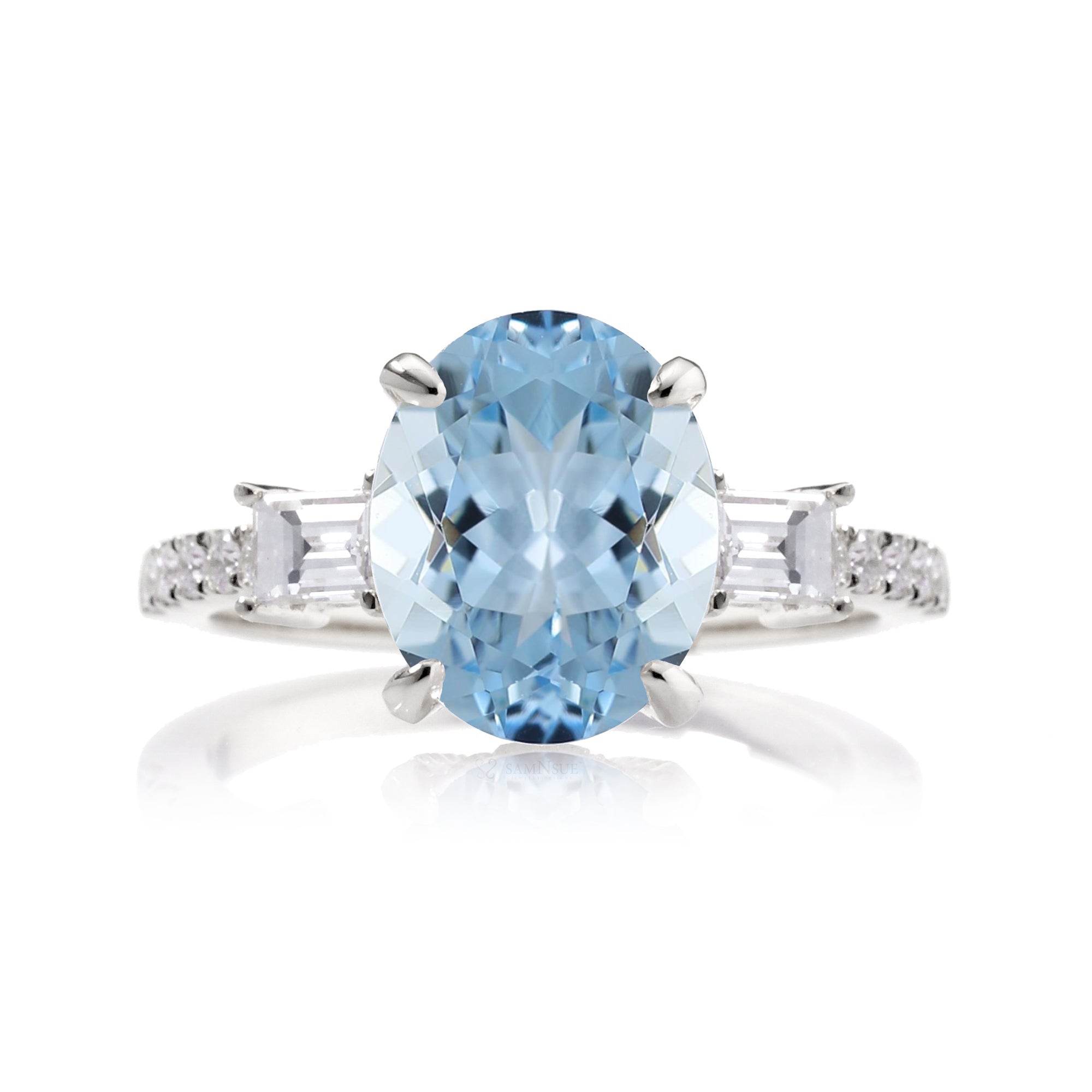 Aquamarine Oval Cut Ring with Baguette Diamonds – Fine White Gold Engagement Jewelry