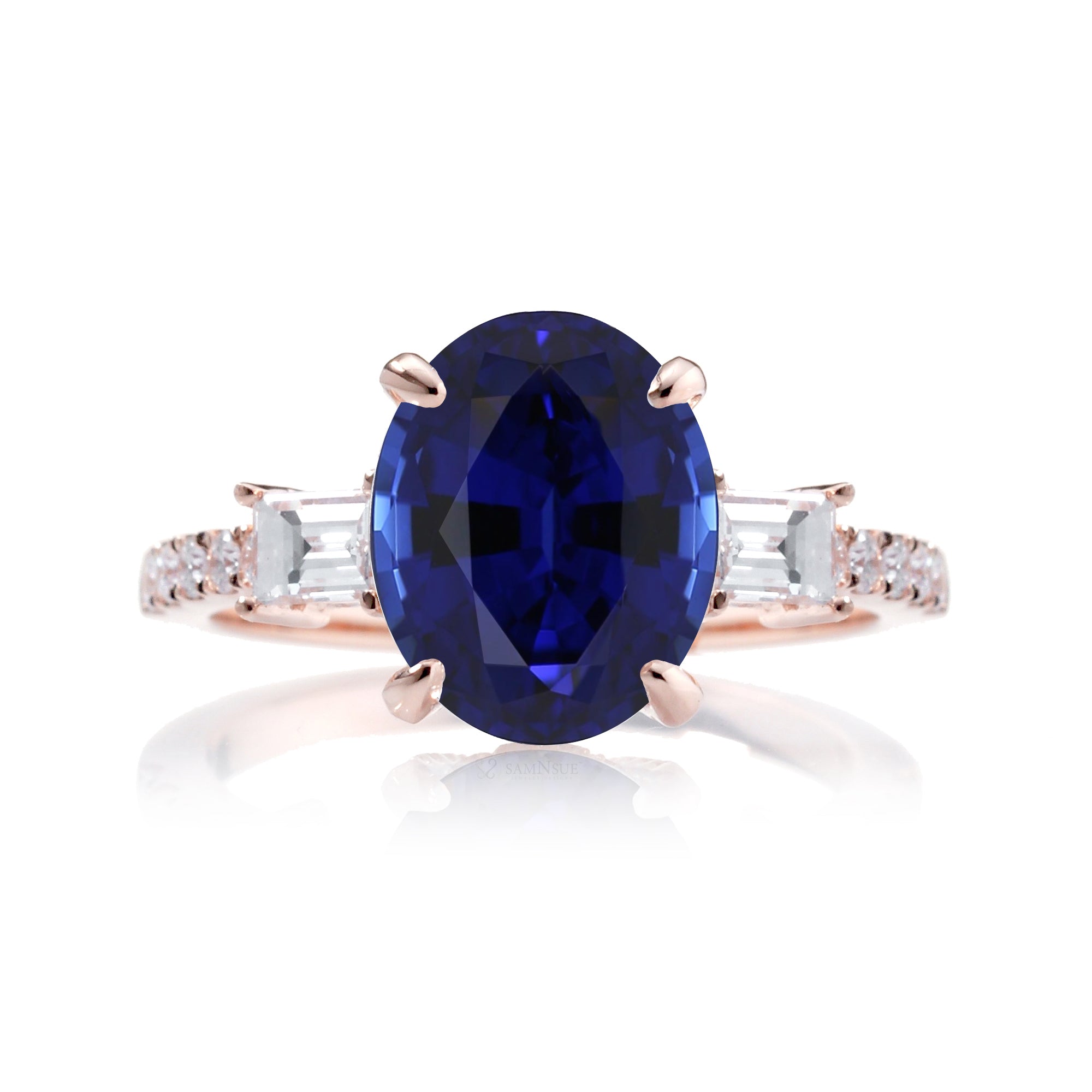 Oval Blue Sapphire Engagement Ring with Diamond Accents – The Rey in Rose Gold