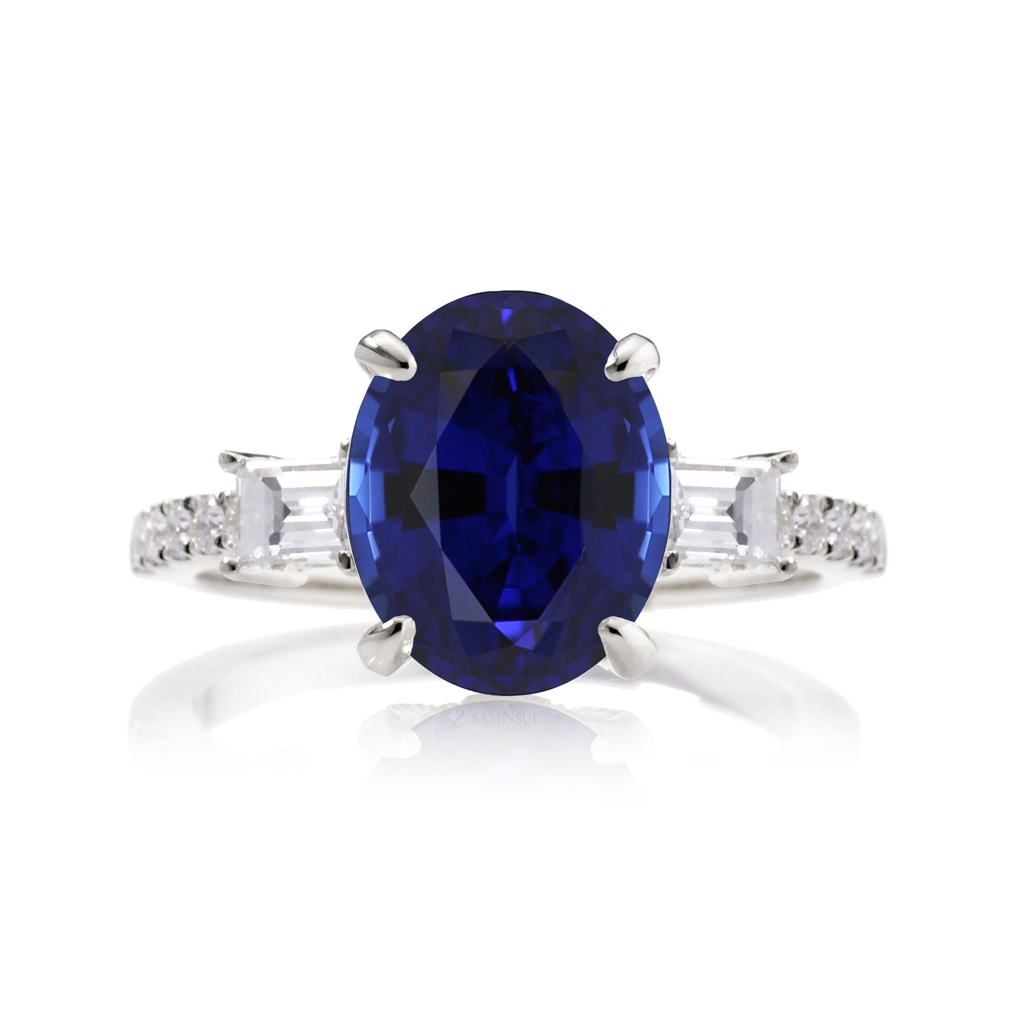 Oval Blue Sapphire Engagement Ring with Diamond Accents – The Rey in White Gold