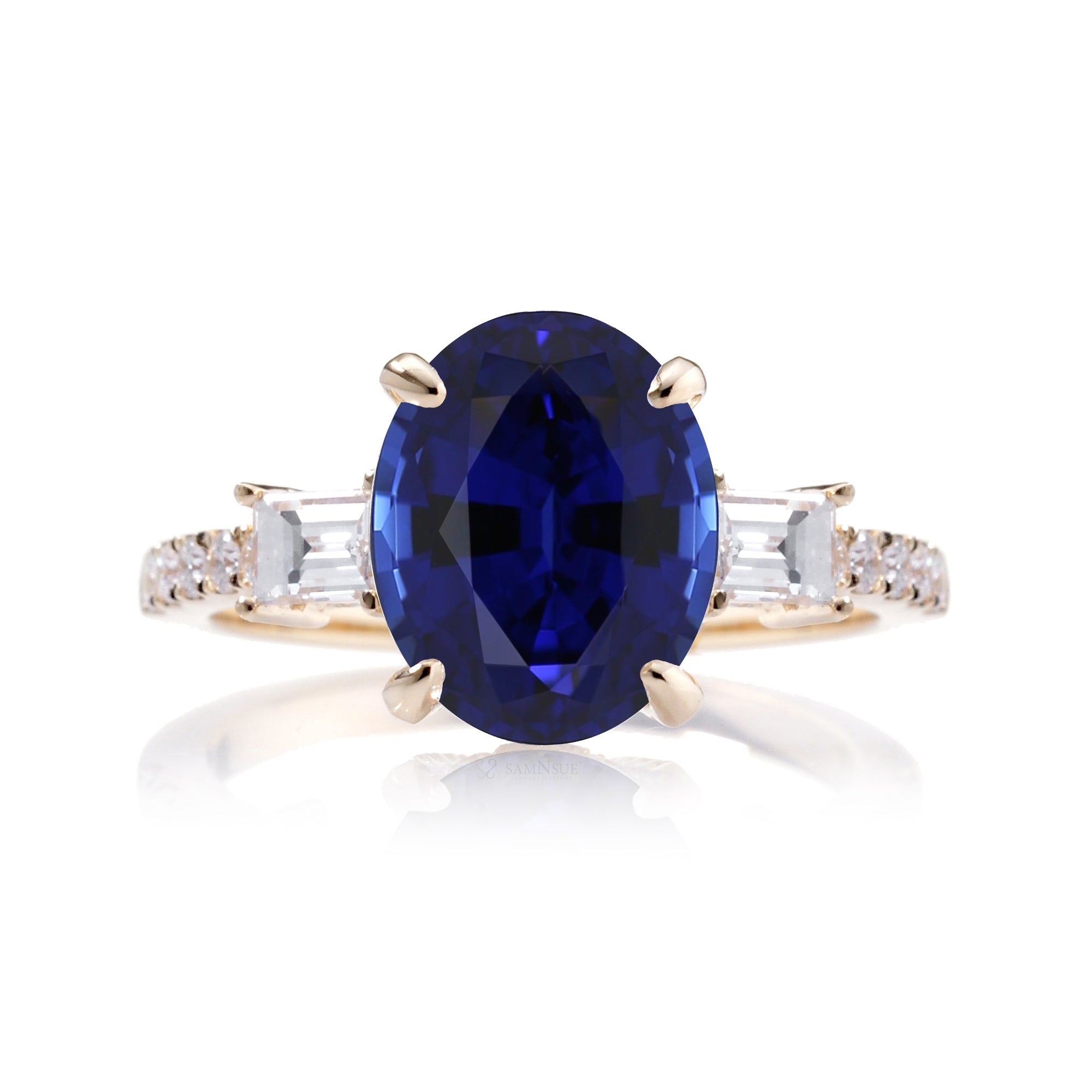 Oval Blue Sapphire Engagement Ring with Diamond Accents – The Rey in Yellow Gold