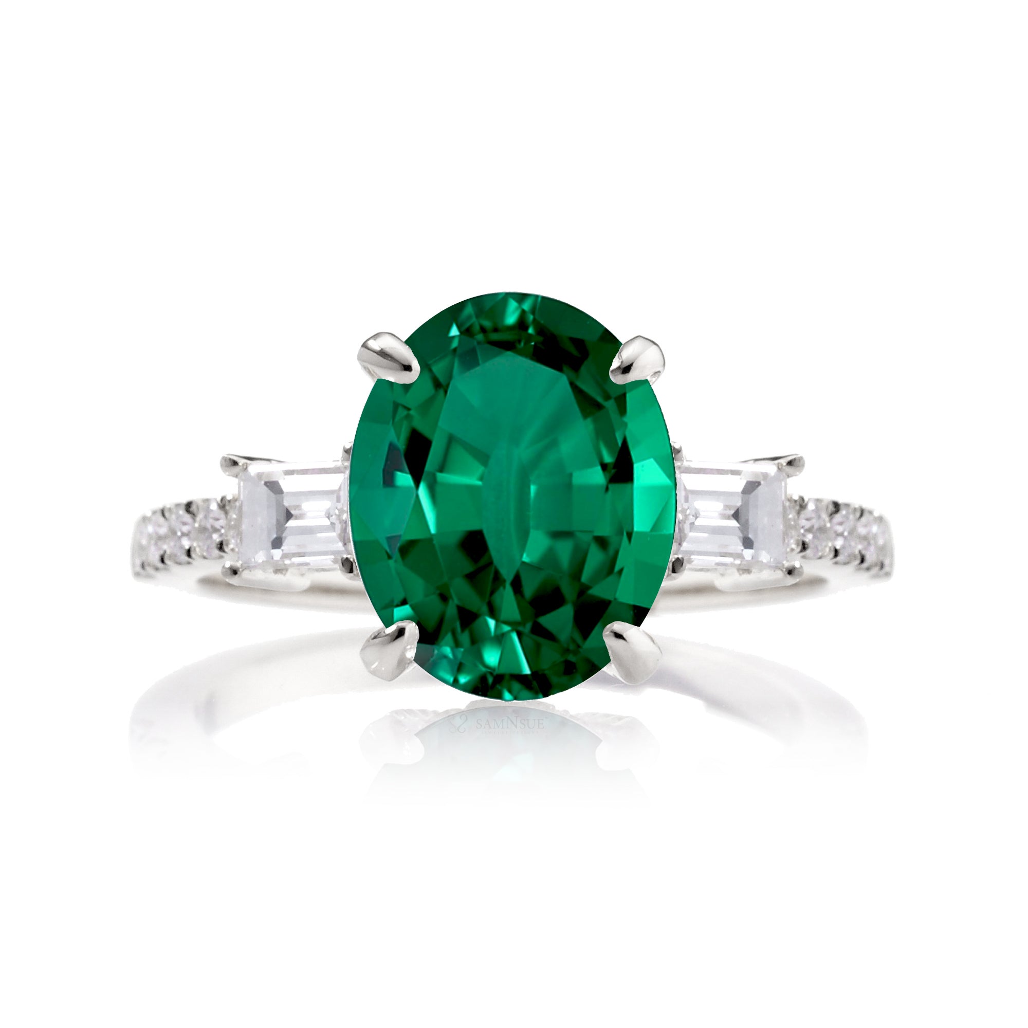 Oval Emerald Engagement Ring with Diamond Accents – The Rey in White Gold