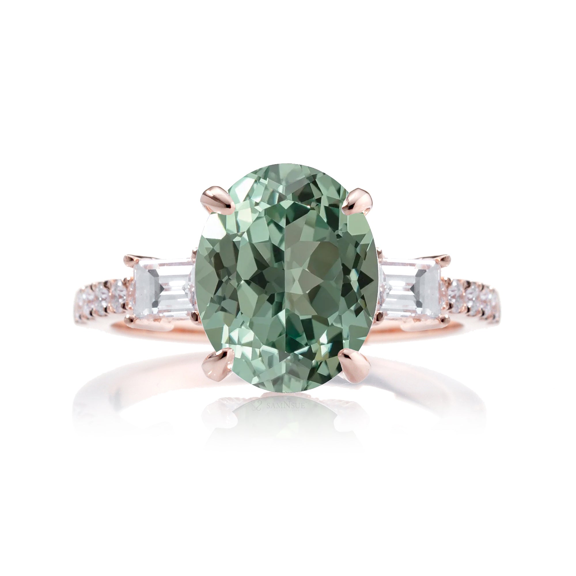 Green Sapphire Oval Cut Ring with Baguette Diamonds – Elegant Custom Jewelry
