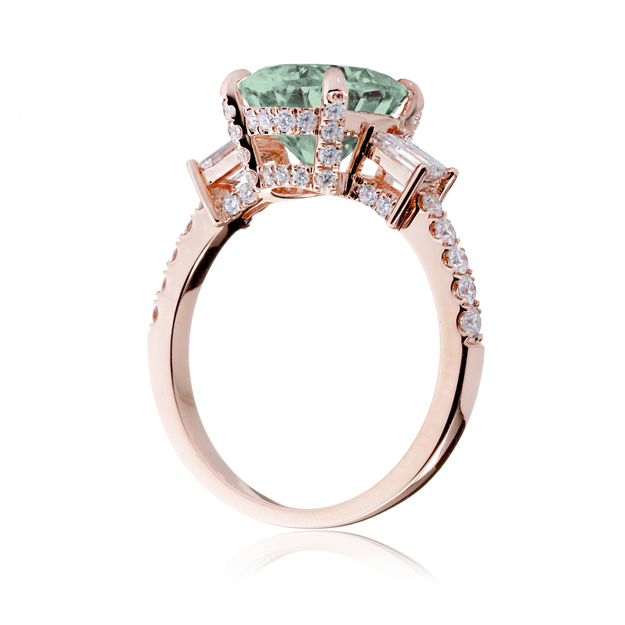 Green Sapphire Oval Cut Ring with Baguette Diamonds – Elegant Custom Jewelry