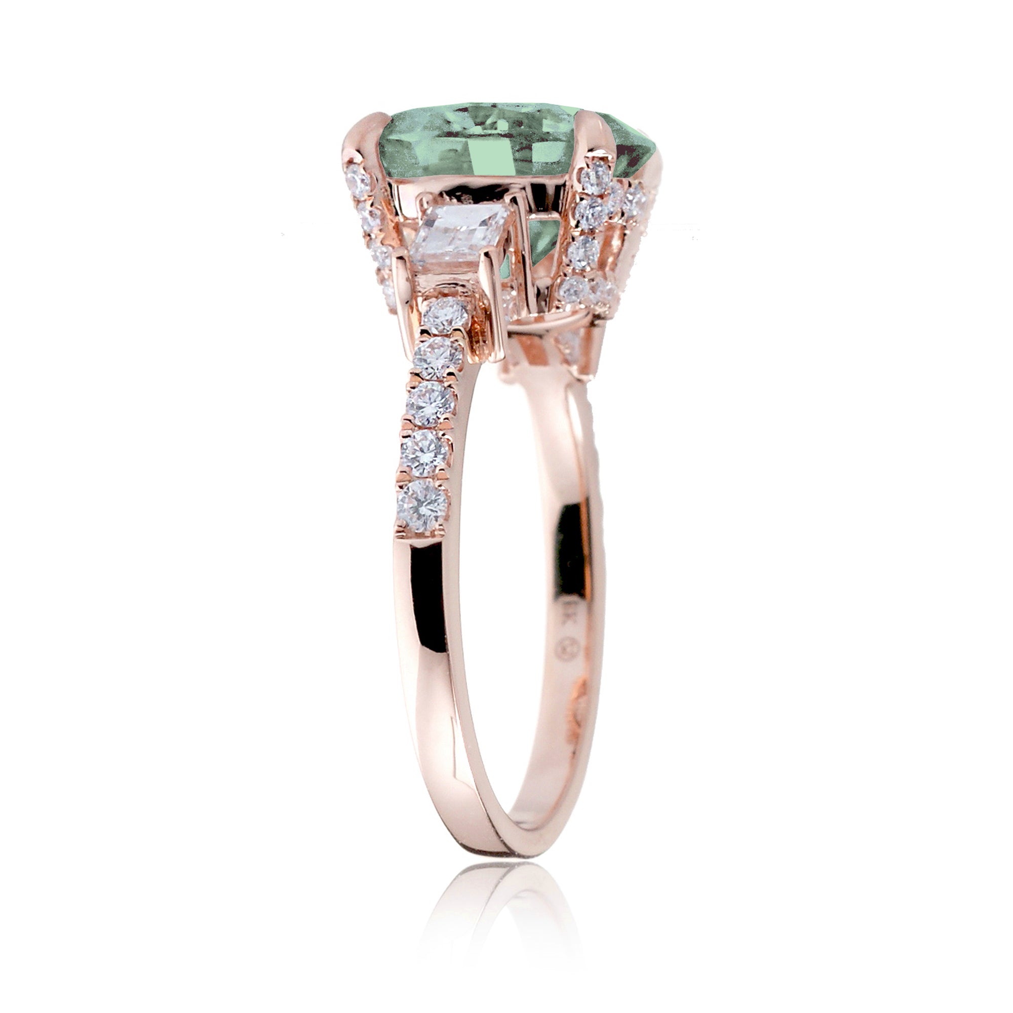 Green Sapphire Oval Cut Ring with Baguette Diamonds – Elegant Custom Jewelry