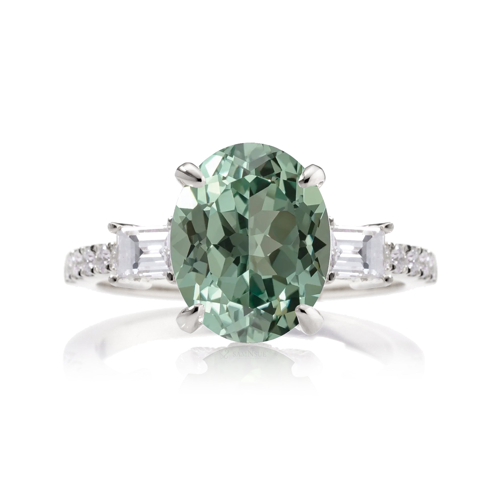 Green Sapphire Oval Cut Ring with Baguette Diamonds – Elegant Custom Jewelry