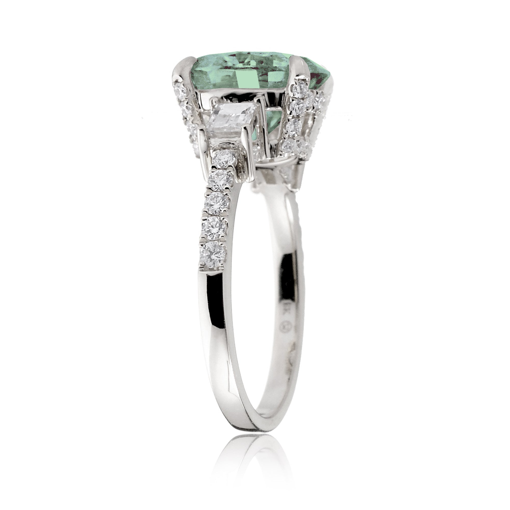 Green Sapphire Oval Cut Ring with Baguette Diamonds – Elegant Custom Jewelry