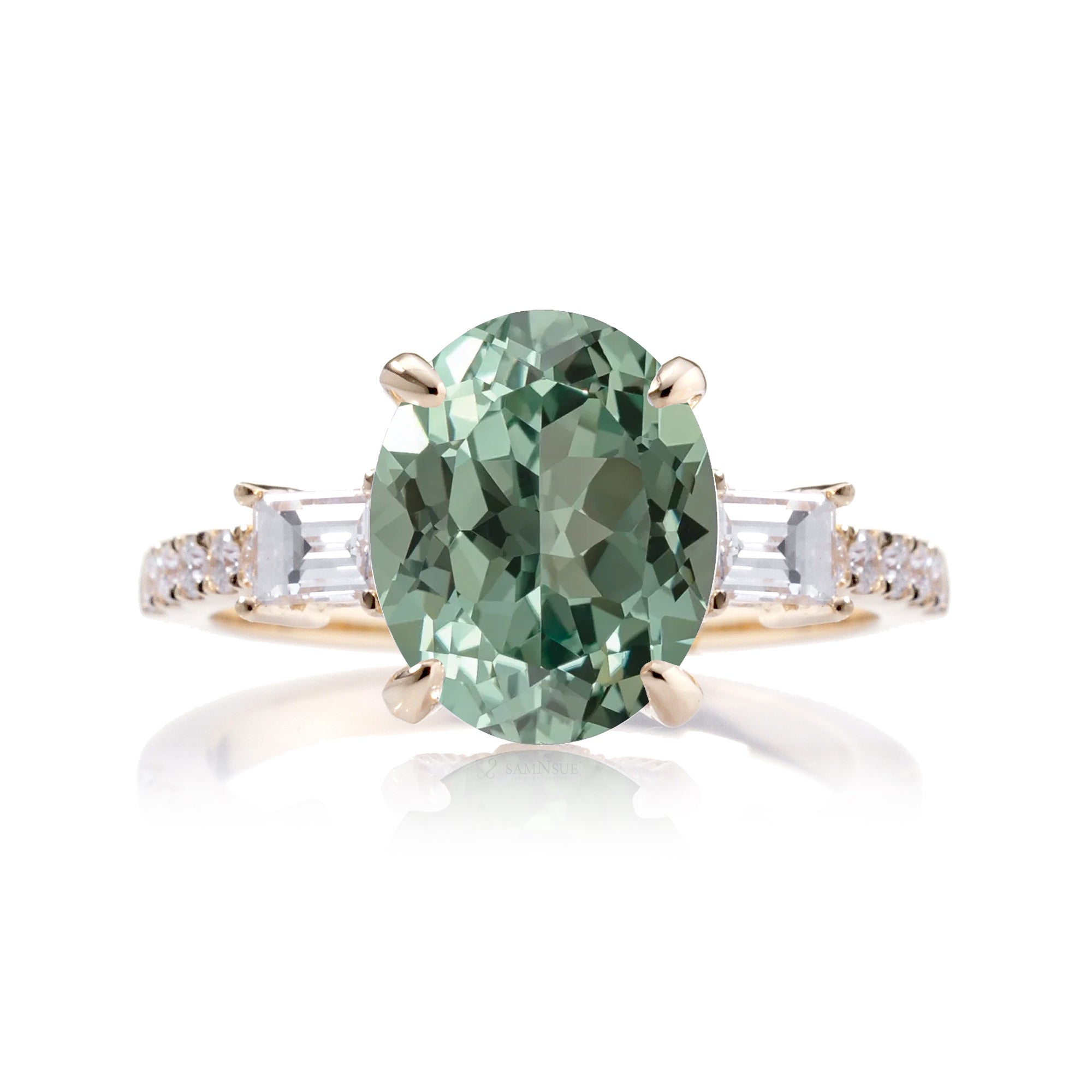 Green Sapphire Oval Cut Ring with Baguette Diamonds – Elegant Custom Jewelry