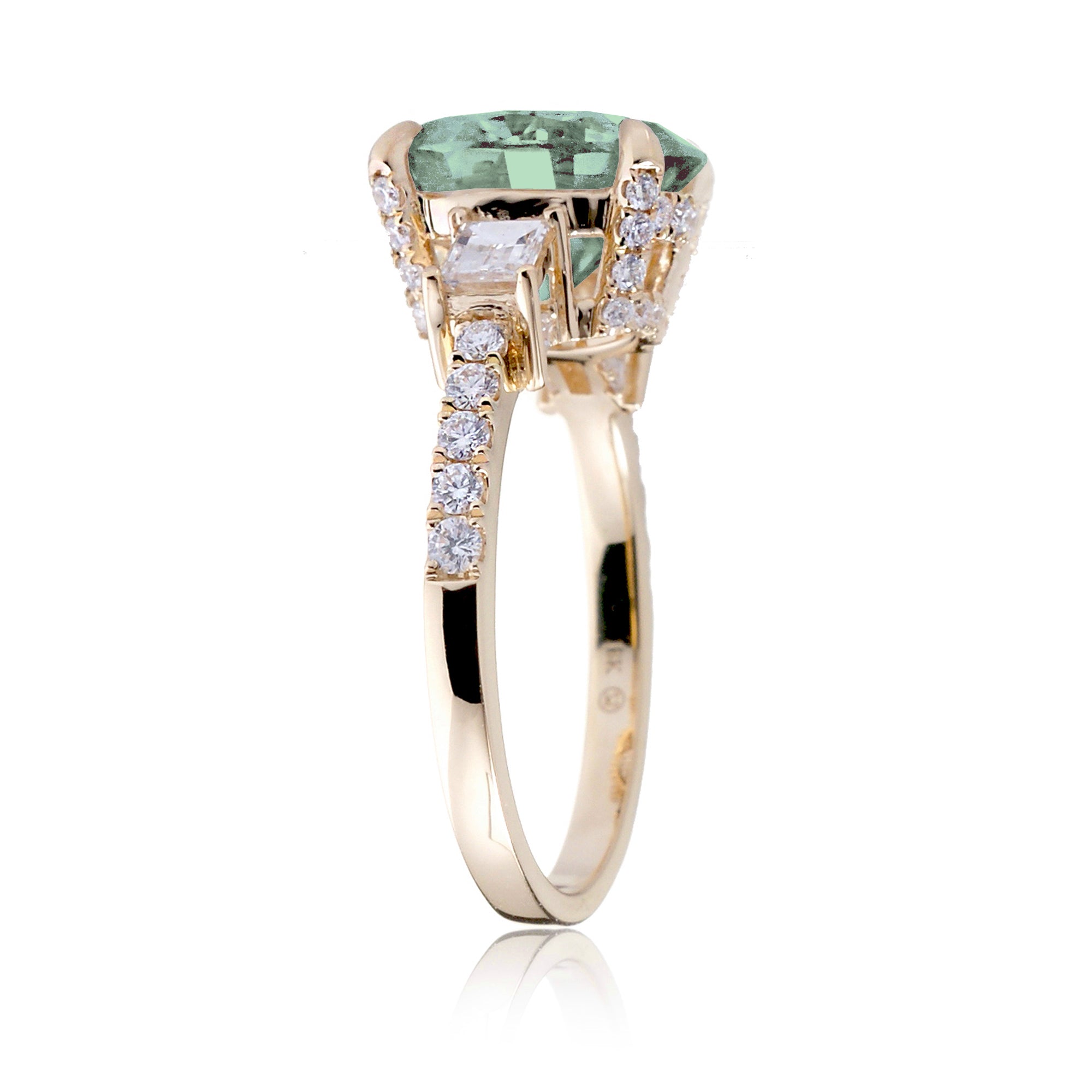 Green Sapphire Oval Cut Ring with Baguette Diamonds – Elegant Custom Jewelry