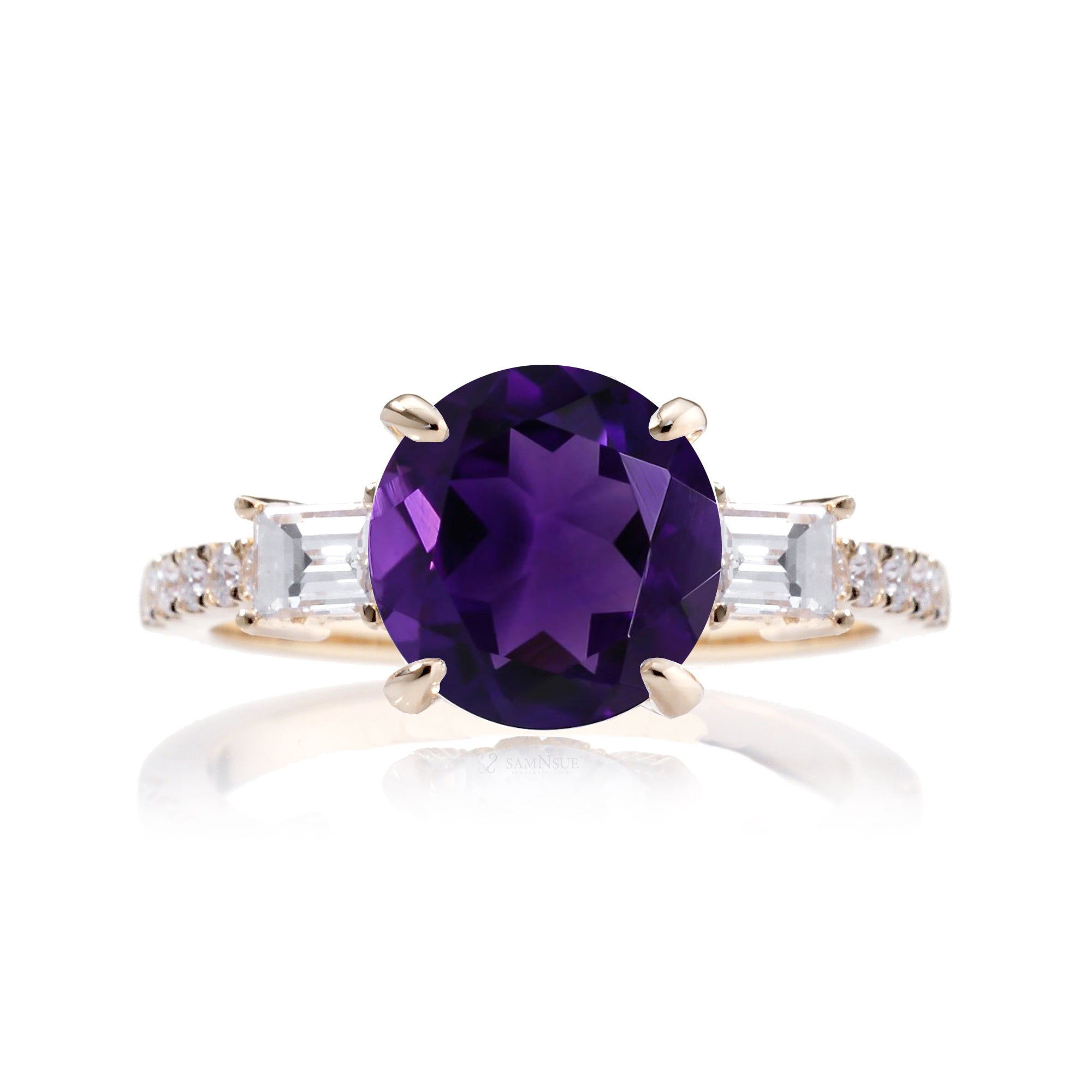 Round Amethyst Engagement Ring with Diamond Accents – The Rey in Yellow Gold