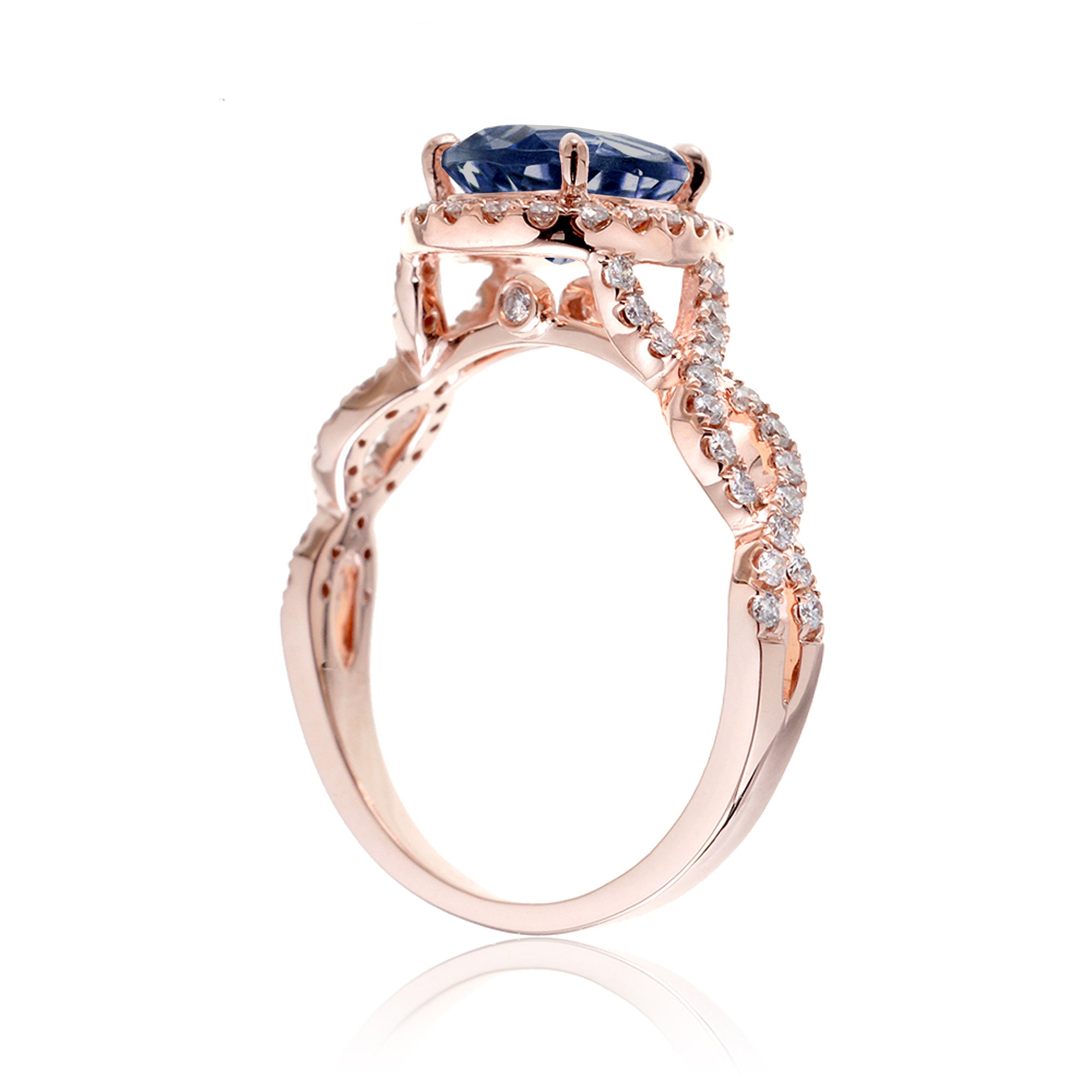 Sapphire ring pear diamond halo twisted band rose gold