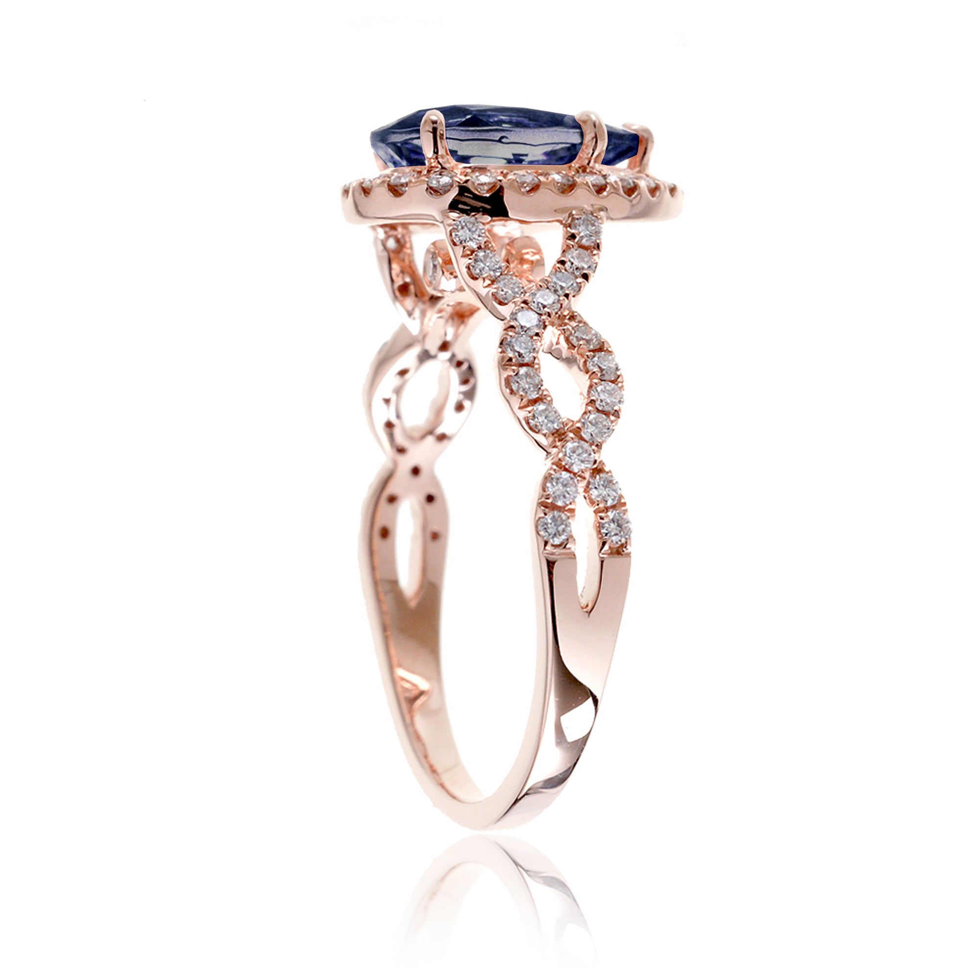 Sapphire ring pear diamond halo twisted band rose gold