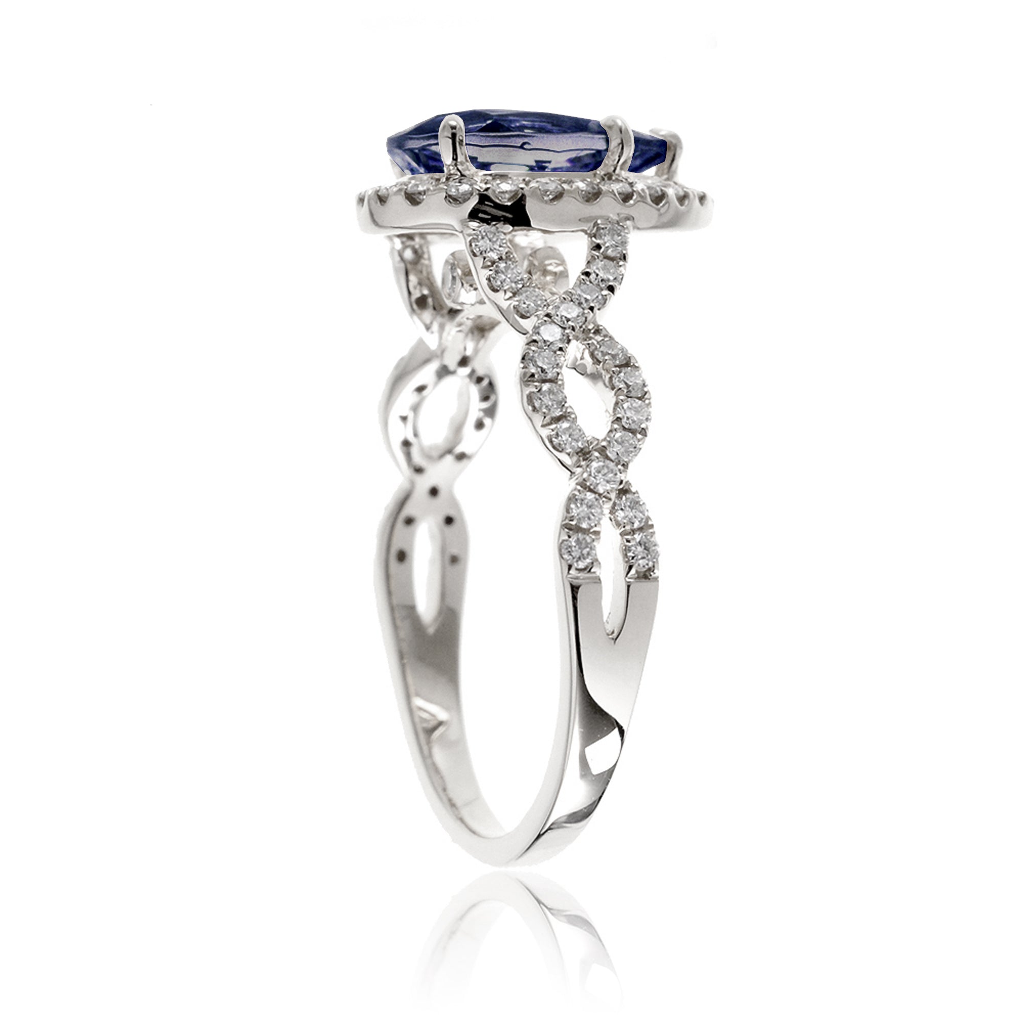 Sapphire ring pear diamond halo twisted band white gold