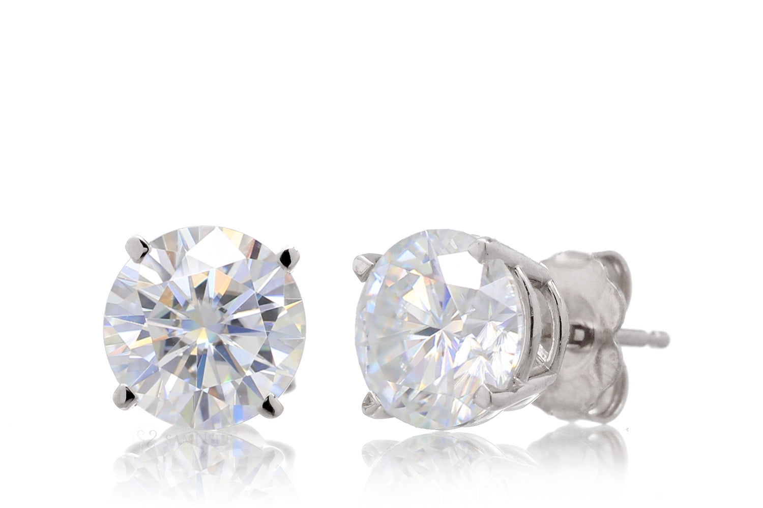 Round Brilliant Stud Moissanite Earrings | Four Prongs White Gold