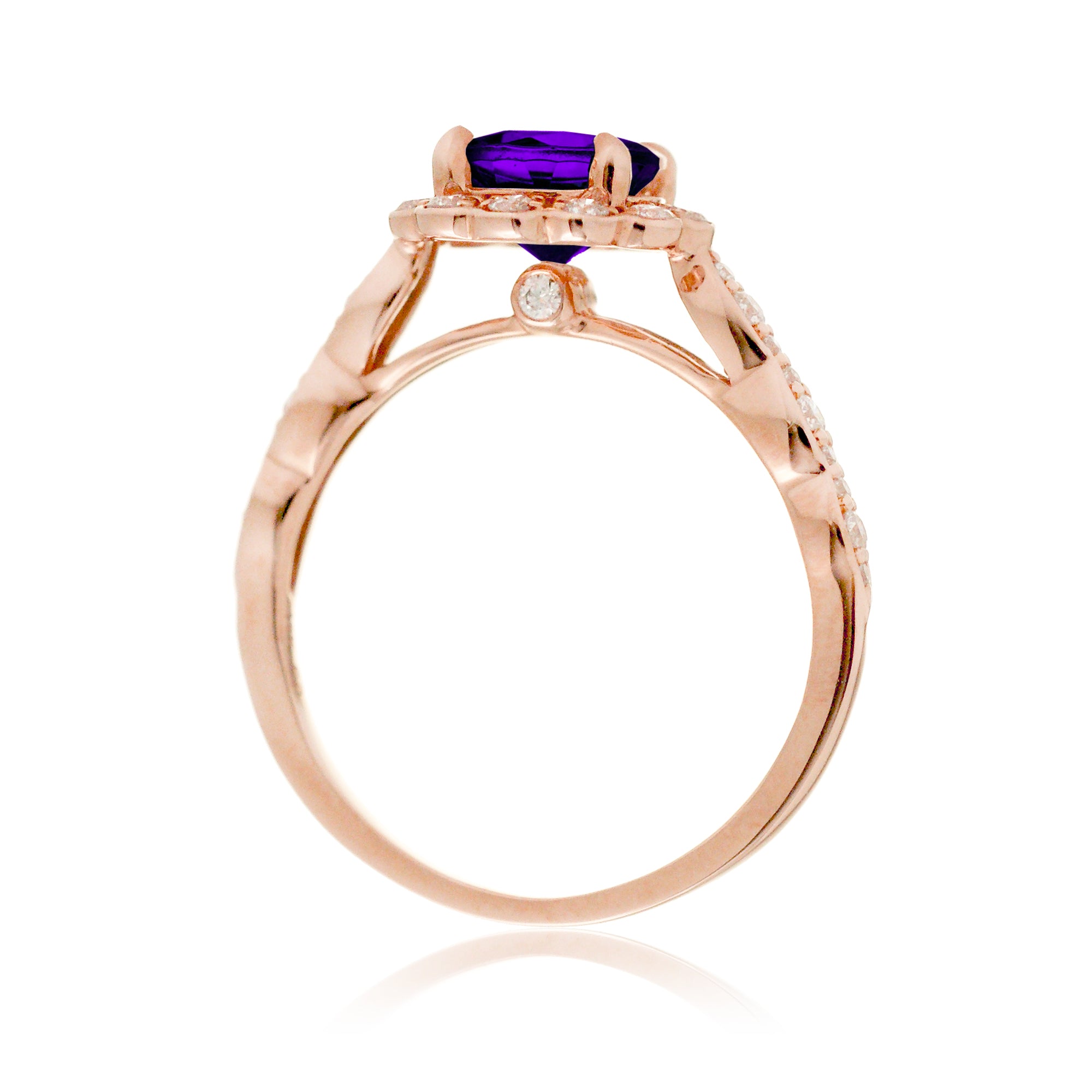Round amethyst diamond ring with vintage scallop filigree rose gold setting