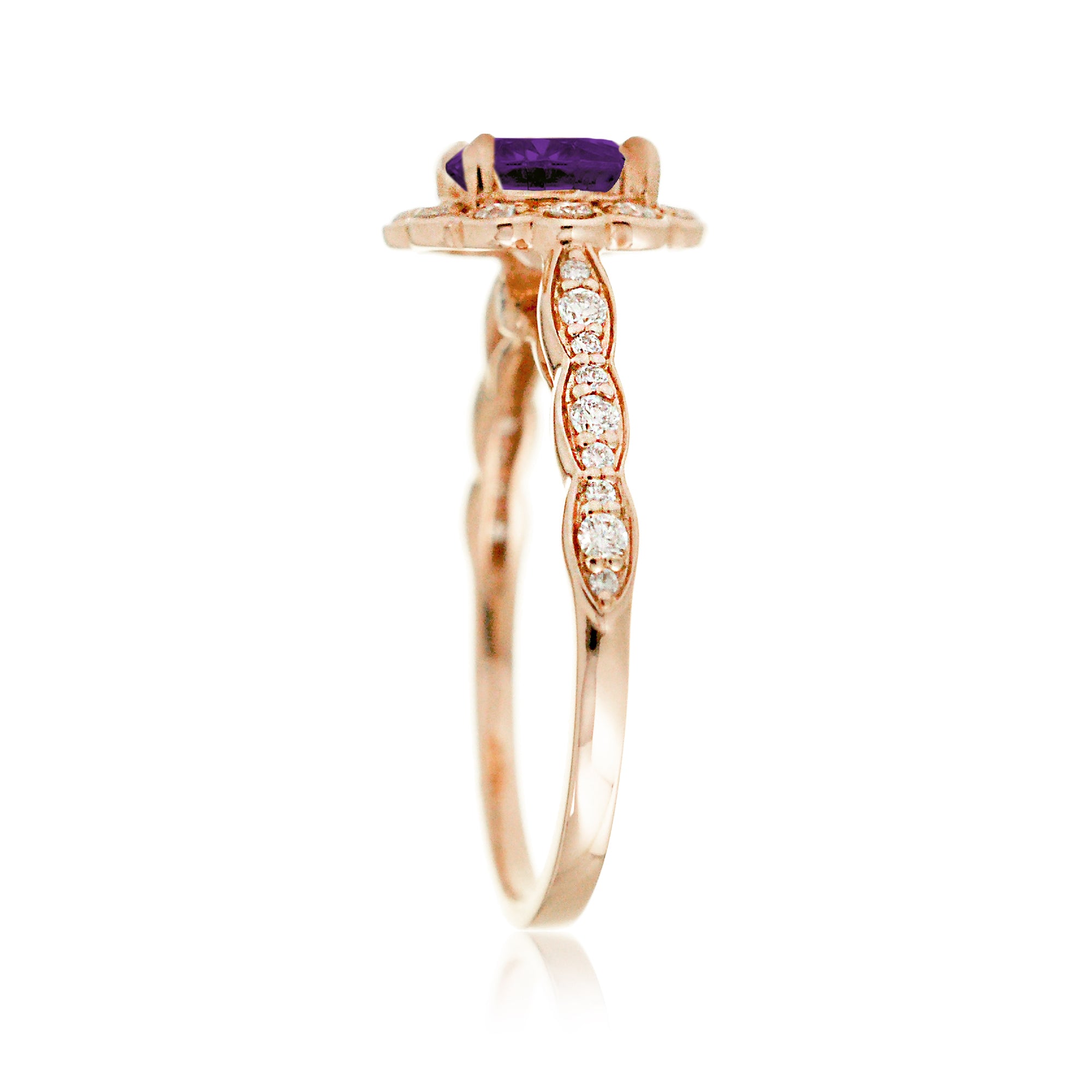 Round amethyst diamond ring with vintage scallop filigree rose gold setting