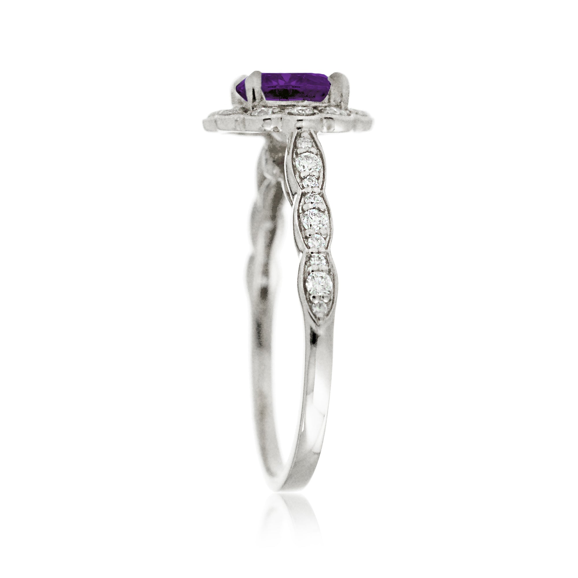 Round amethyst diamond ring with vintage scallop filigree white gold setting