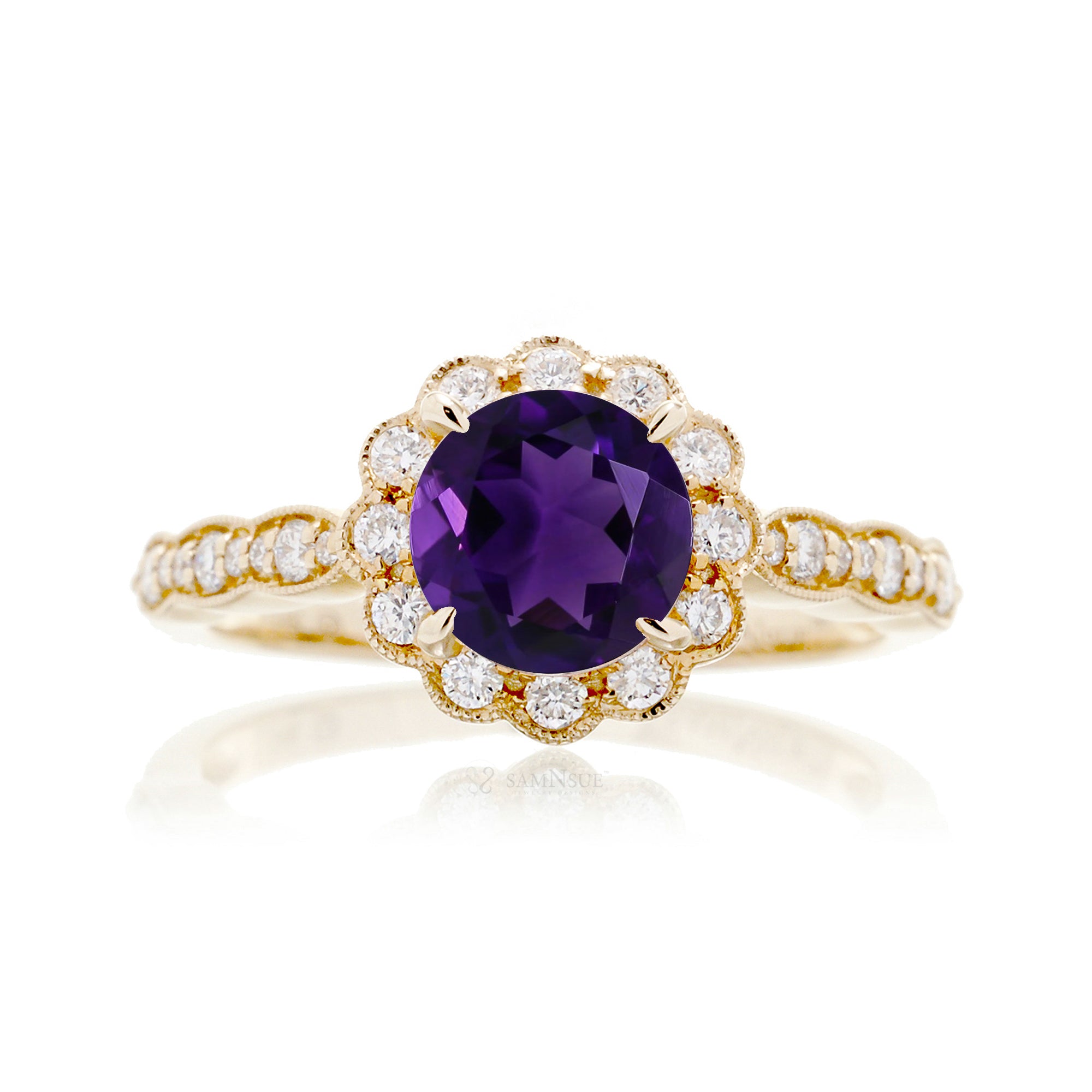 Round amethyst diamond ring with vintage scallop filigree yellow gold setting