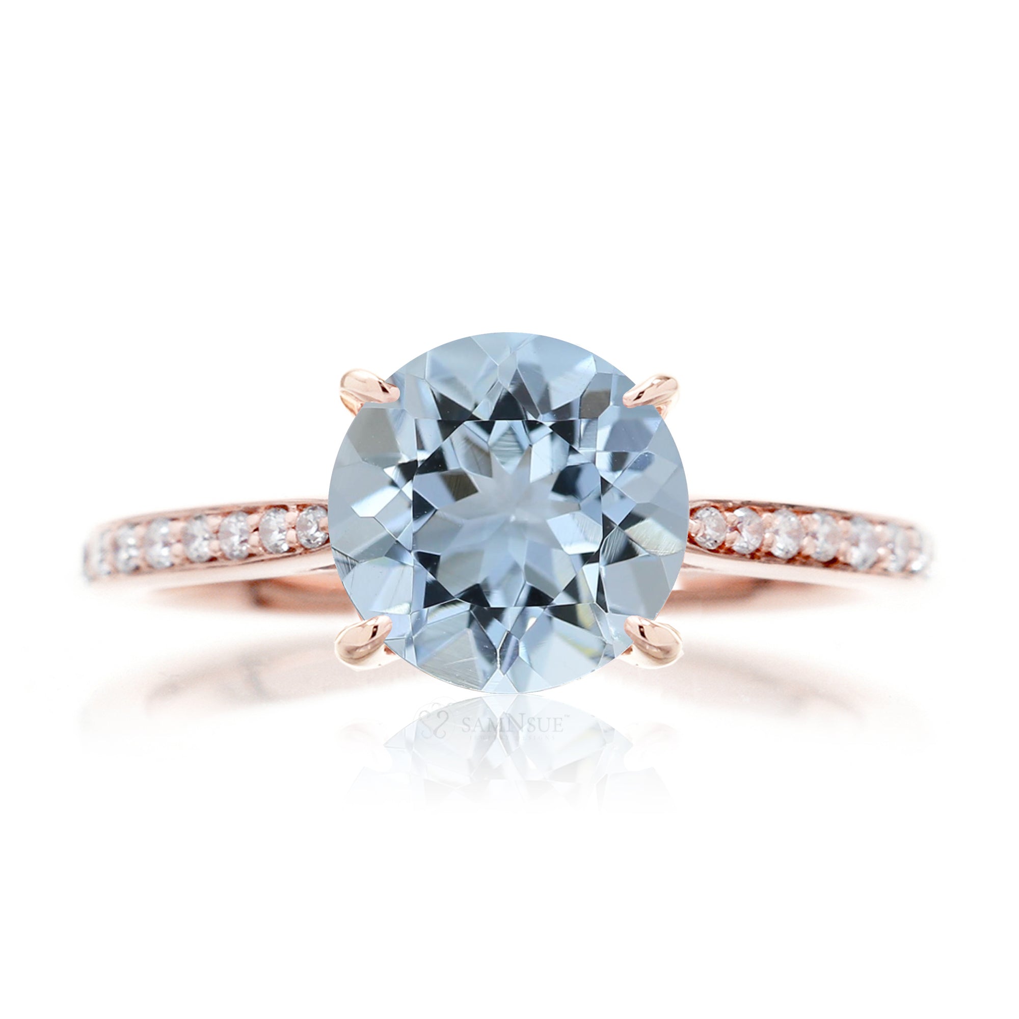 Round aquamarine solitaire engagement ring with a diamond band - the Emily rose gold