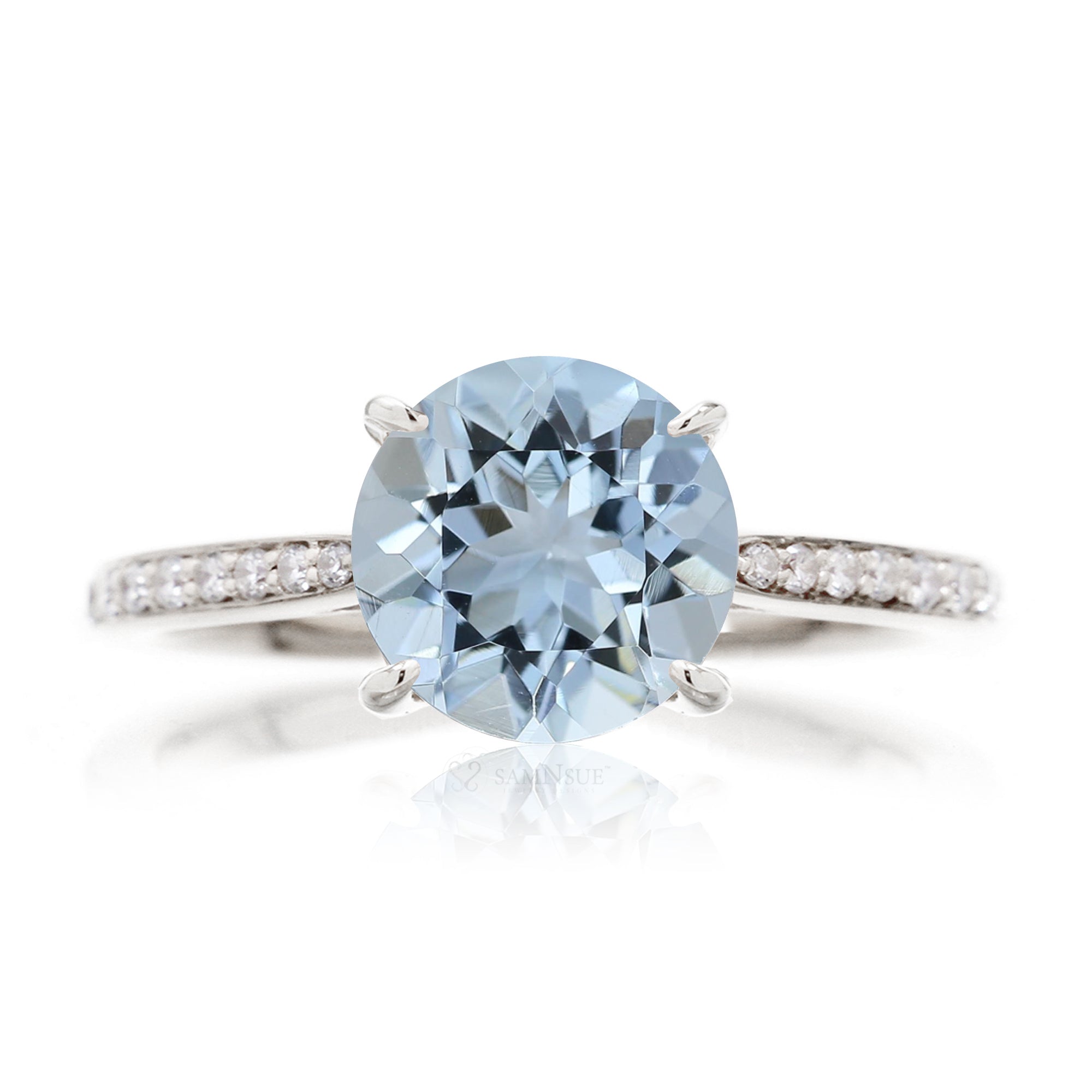 Round aquamarine solitaire engagement ring with a diamond band - the Emily white gold