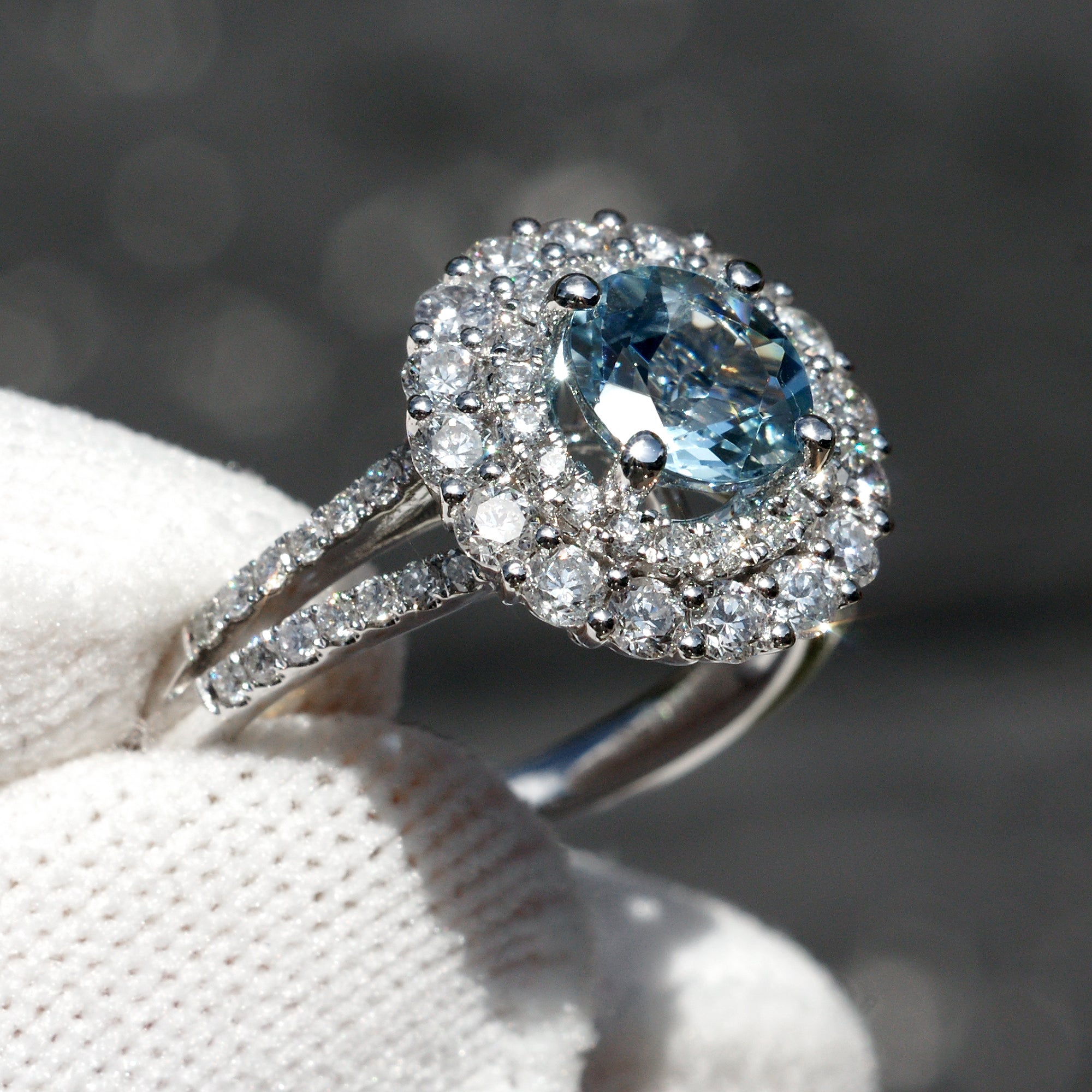 Aquamarine ring with double diamond halo and split band in 18k white gold 7mm by samNsue