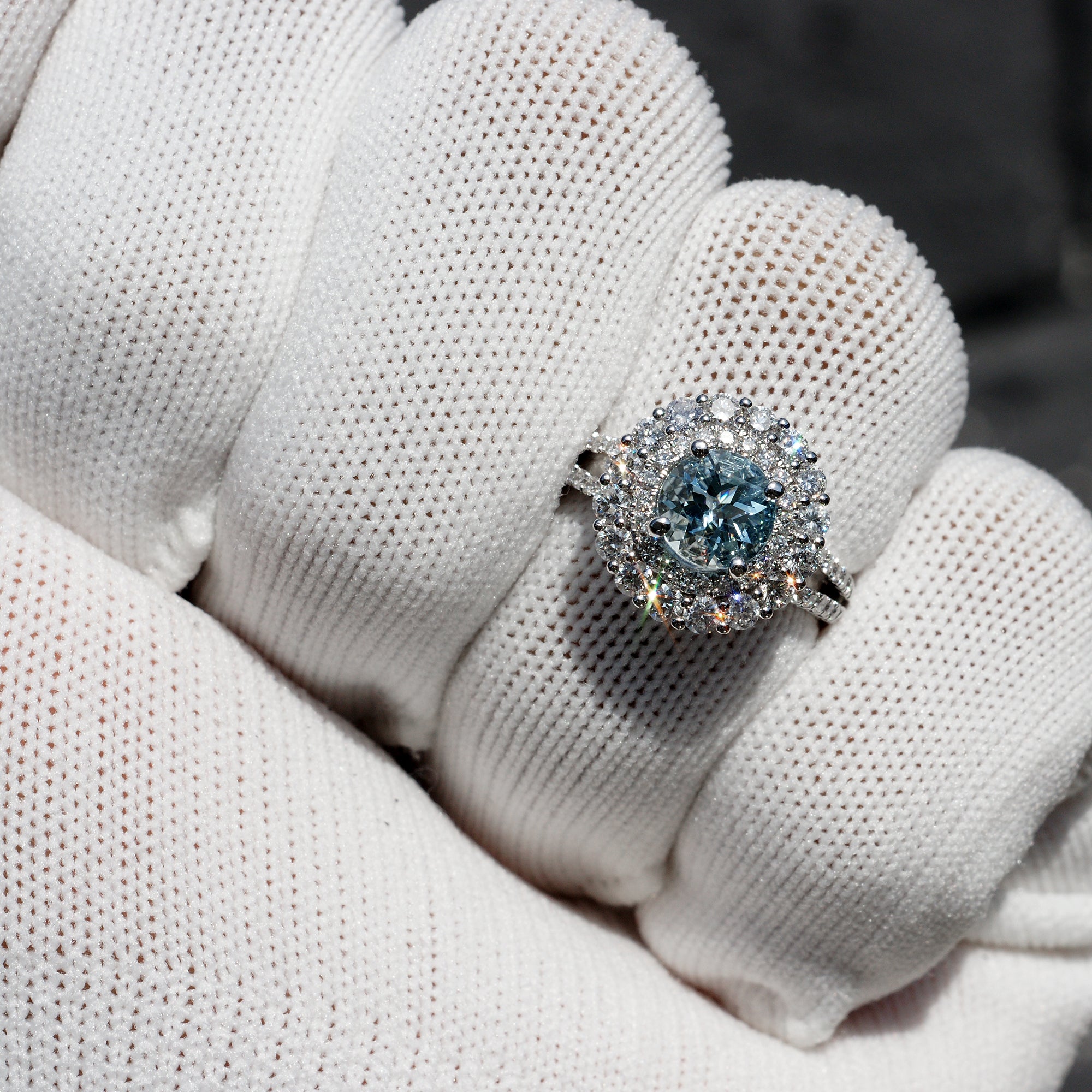 Aquamarine ring with double diamond halo and split band in 18k white gold 7mm by samNsue