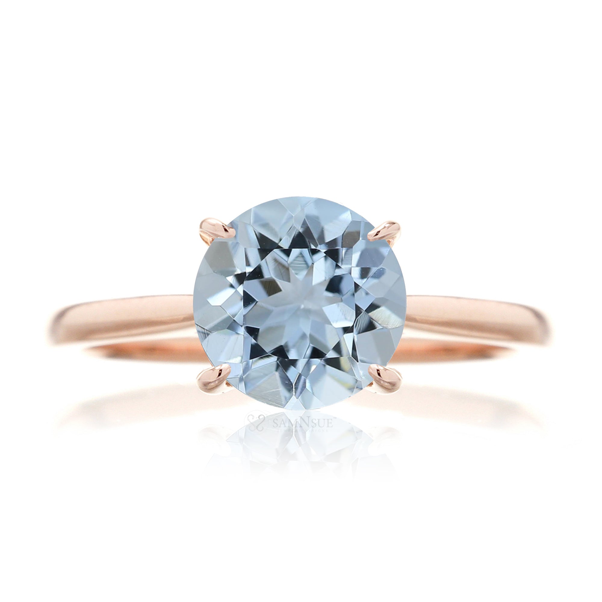 Round aquamarine solitaire engagement ring with a solid band - the Emily rose gold