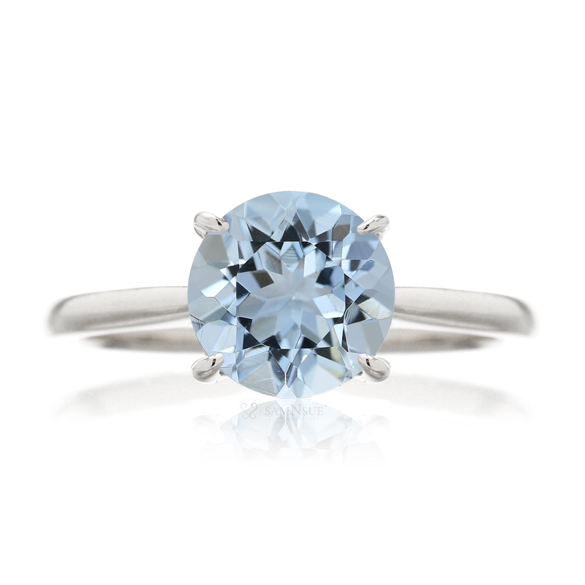 Round aquamarine solitaire engagement ring with a solid band - the Emily white gold